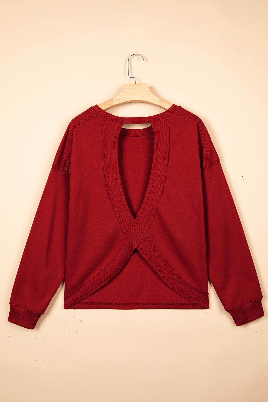 Racing Red Ribbed Detail Drop Shoulder Cutout Back Sweatshirt