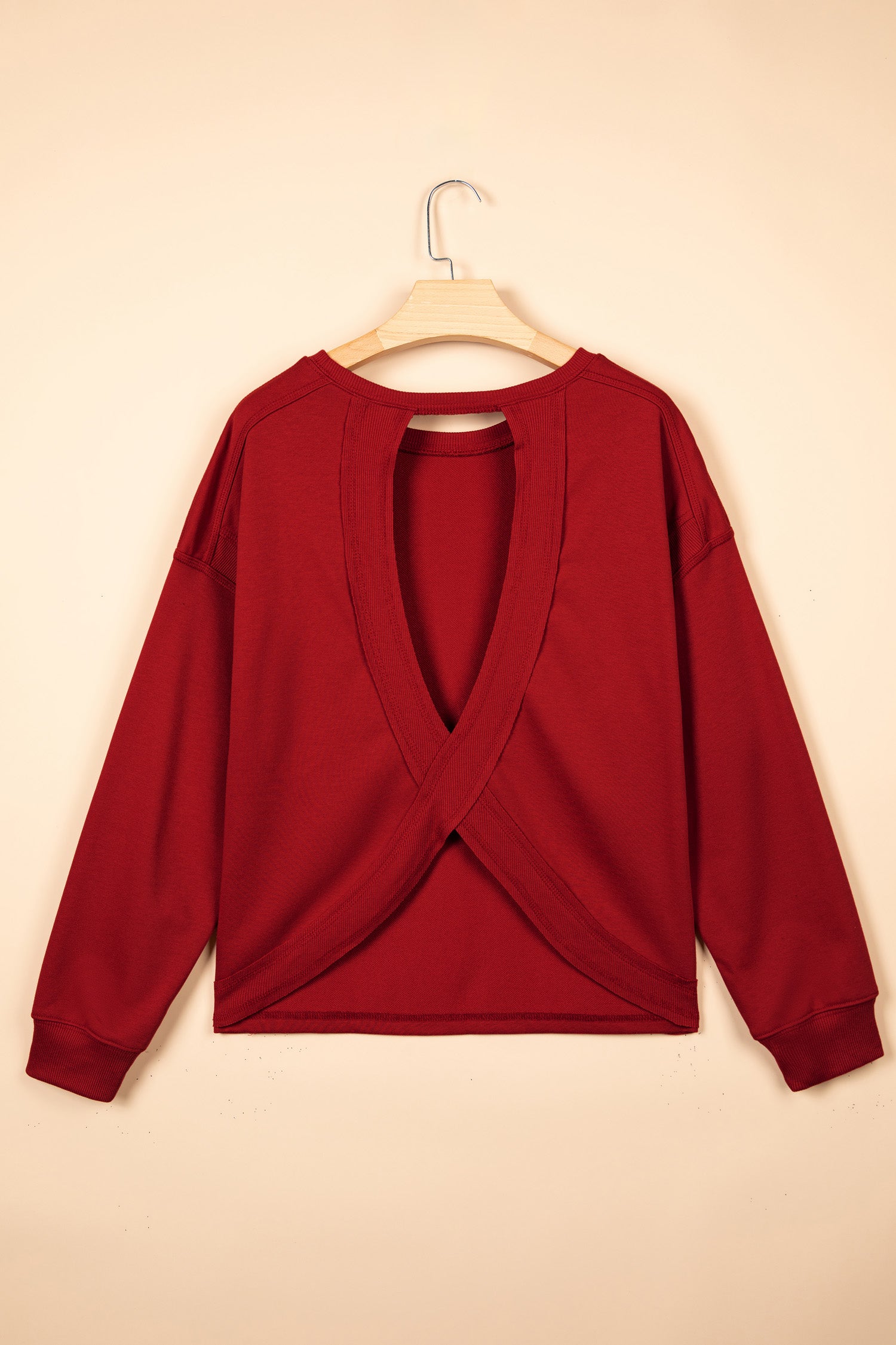 Racing Red Ribbed Detail Drop Shoulder Cutout Back Sweatshirt