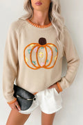 Parchment Floral Embroidery Pumpkin Long Sleeve Round Neck Sweater