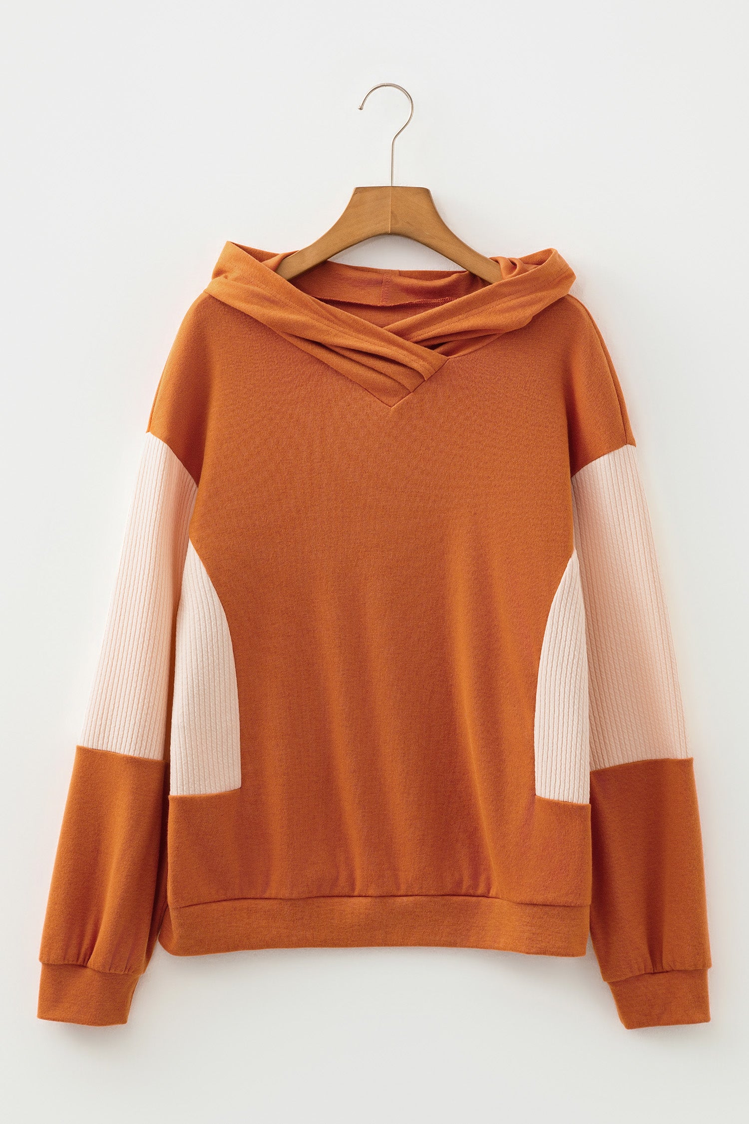 Gold Flame Contrast Color Ribbed Patchwork Crossed Pullover Neck Hoodie
