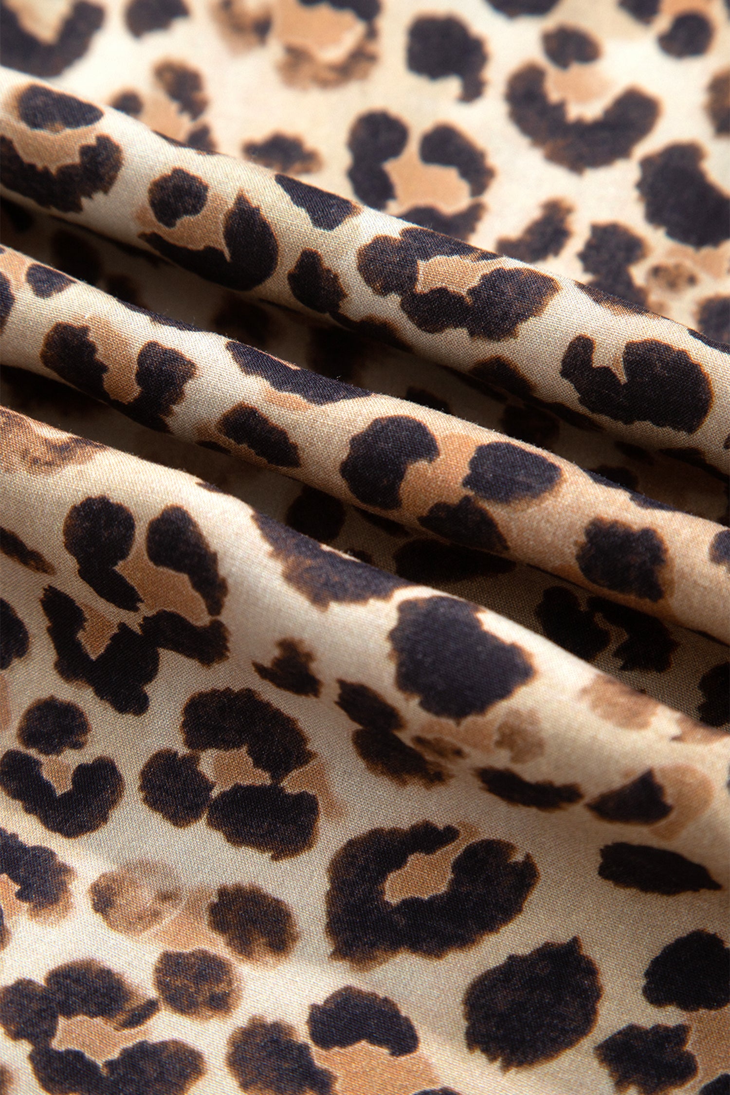 Brown Leopard Print V Neck Long Sleeve Gathered Waist Plus Size Dress