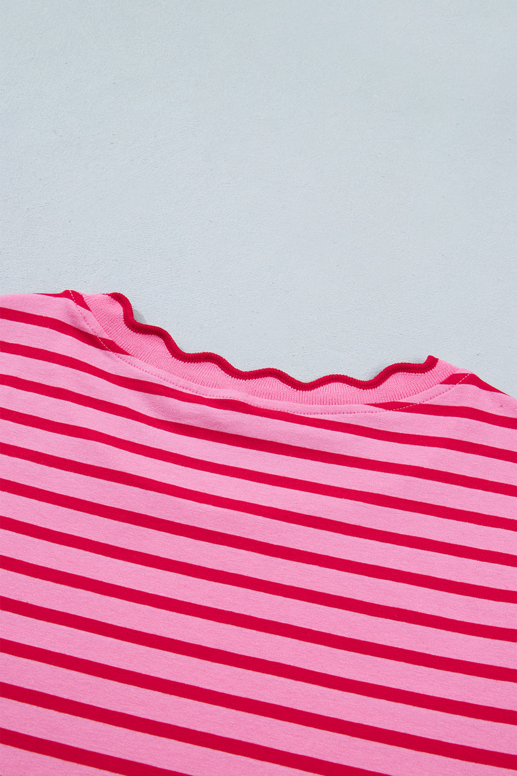 Pink Stripe Scalloped Trim Round Neck T Shirt