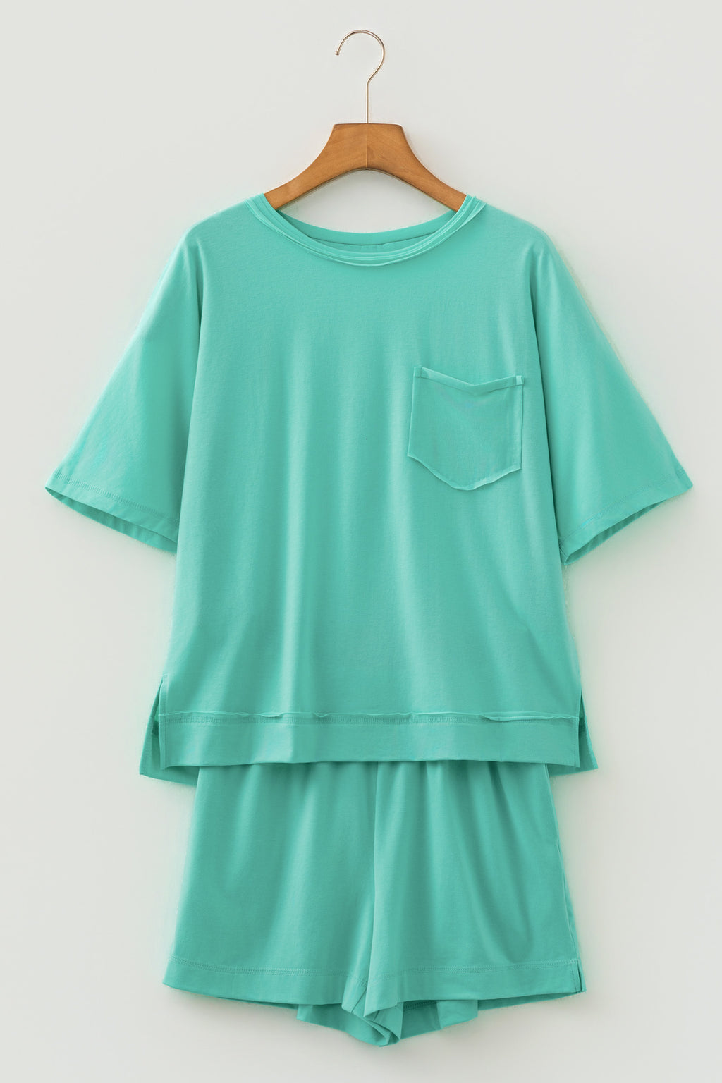 Mint Green Raw Edge Patch Pocket Oversized Top and Shorts Set