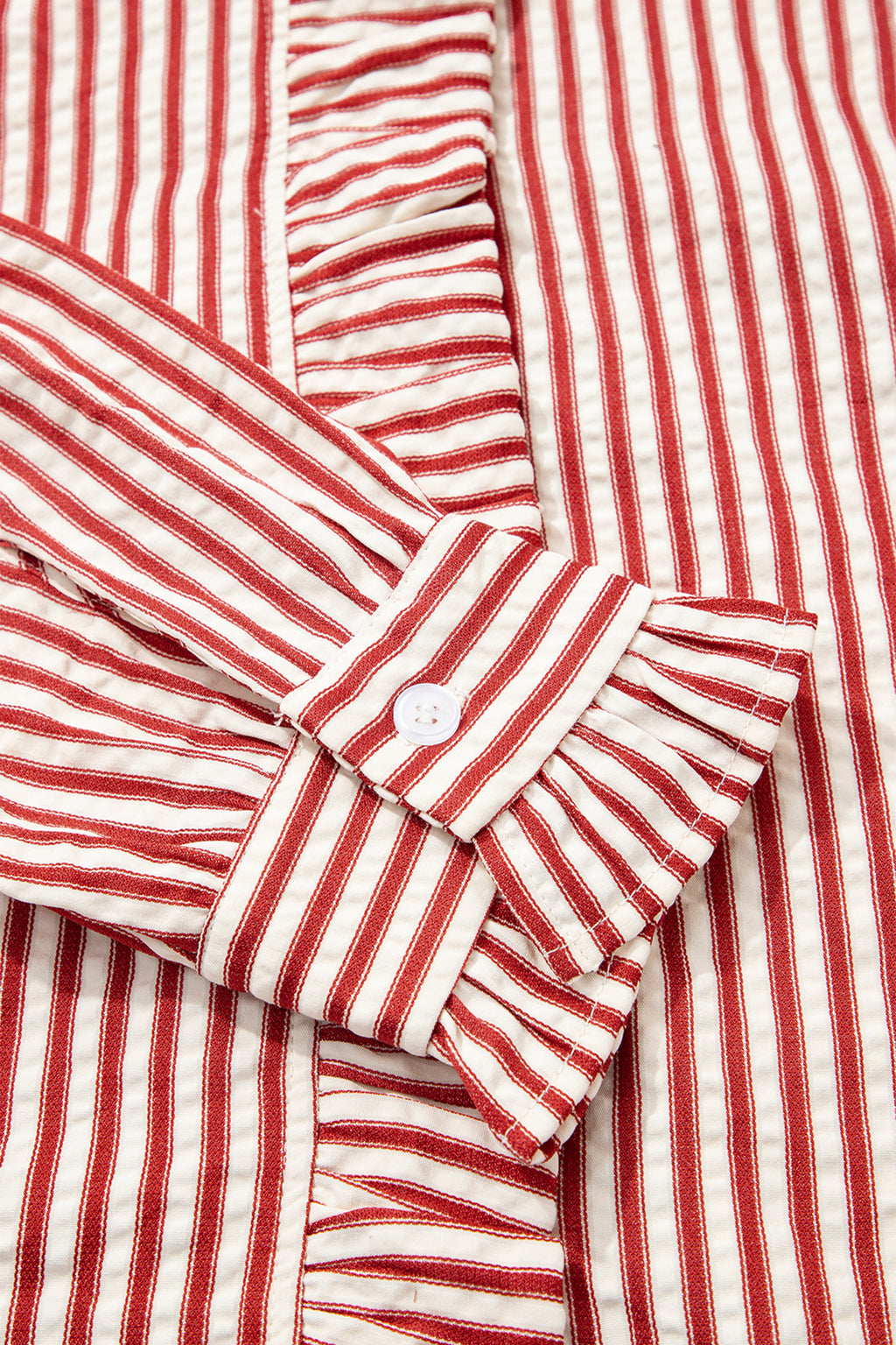 Red Stripe Textured Ruffle Trim Button-Up Long Sleeve Shirt