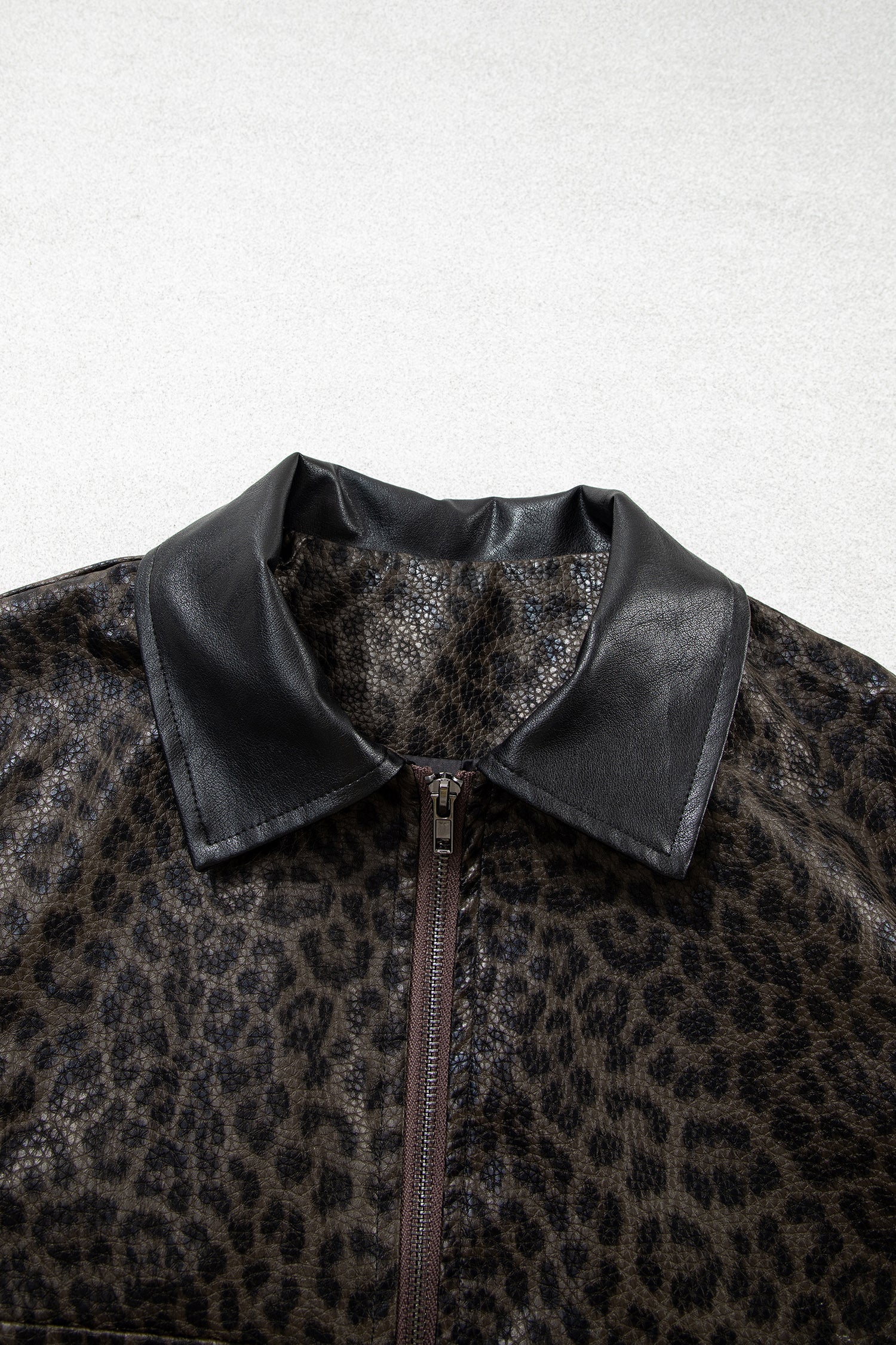 Multicolour Leopard Print Colorblock Collar Metal Placket Jacket