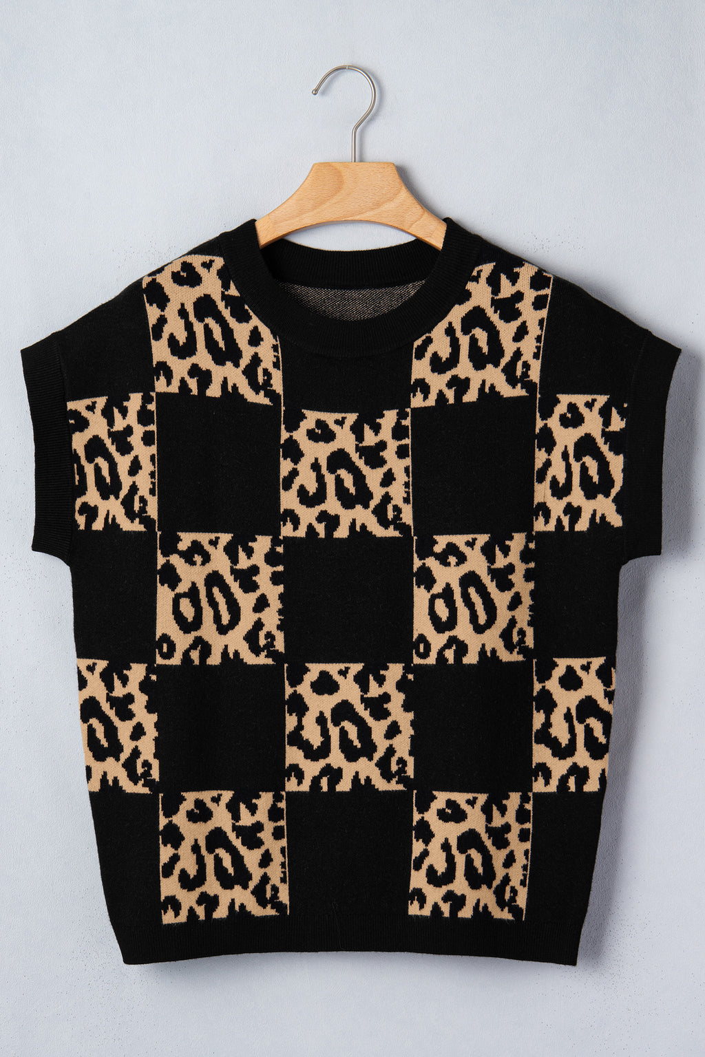 Soft Black Leopard Short Sleeve Knit Sweater