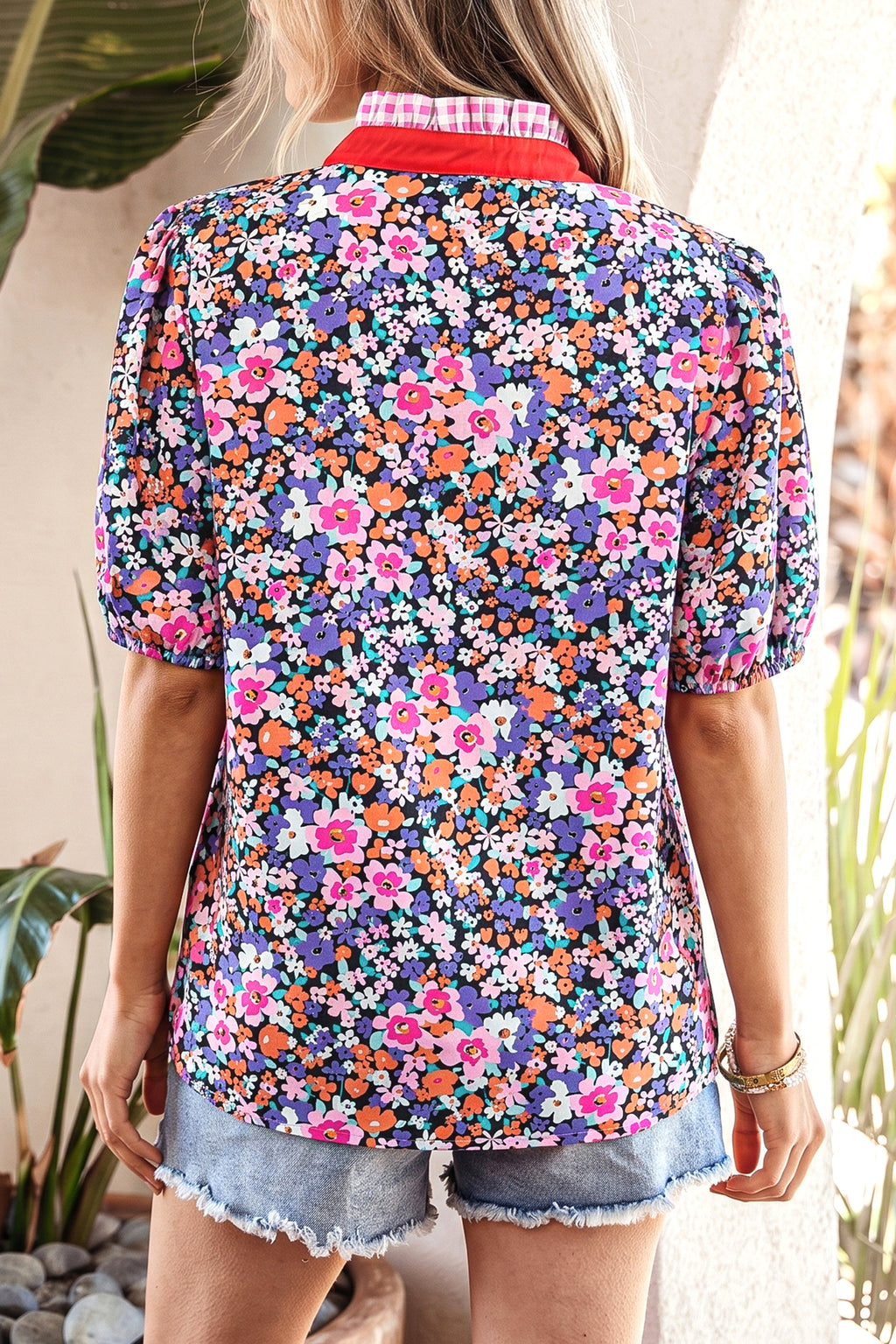 Purple Ditsy Floral Print Plaid Colorblock Trim V Neck Blouse