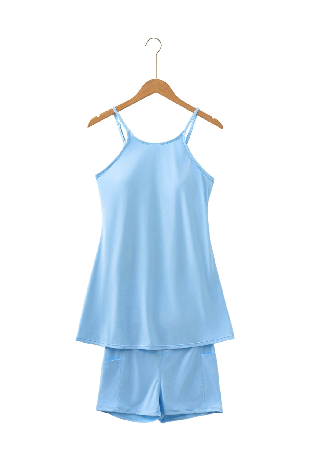 Beau Blue Solid Color Tunic Tank Dress Athletic Shorts Two Piece Set