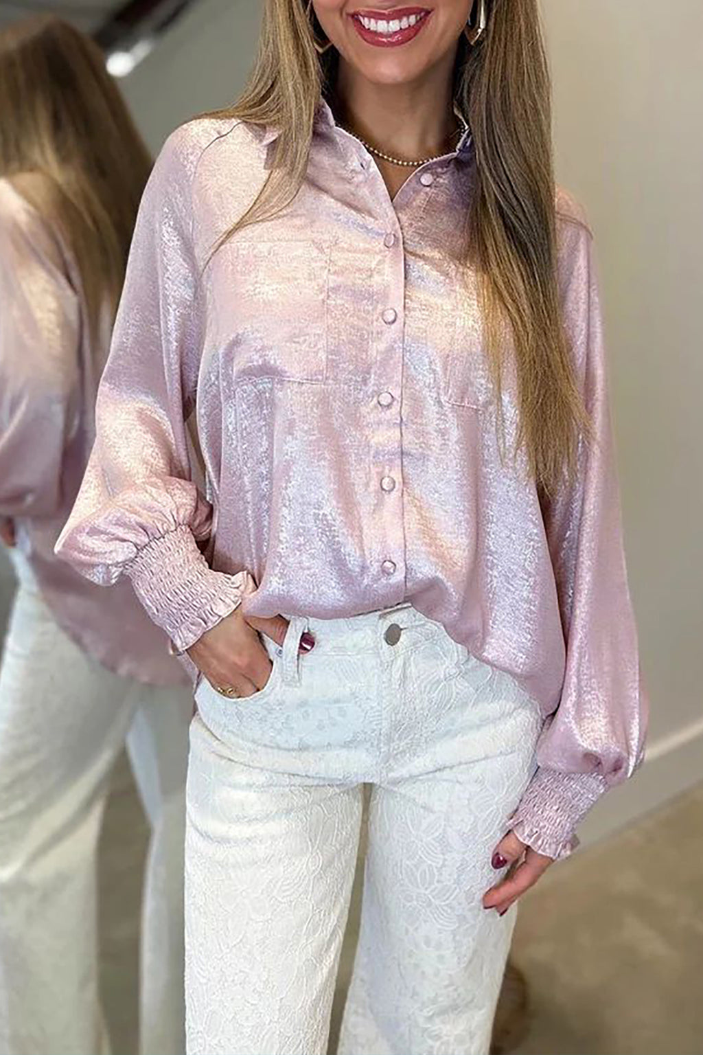 Delicacy Long Sleeve Button Front Ruffle Cuffs Back Paneling Shirt