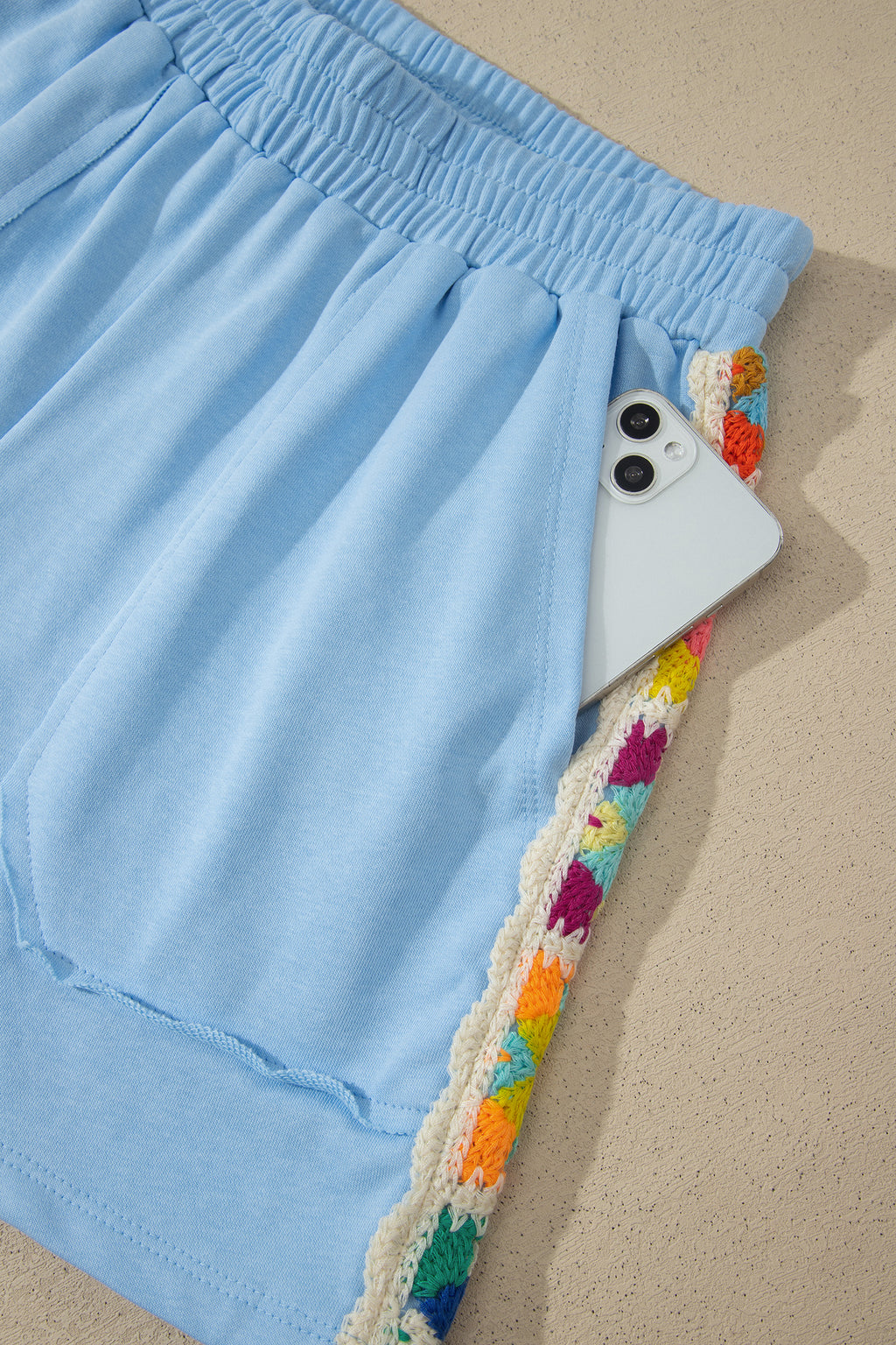 Mist Blue Granny Square Crochet Detail Short 2pcs Set
