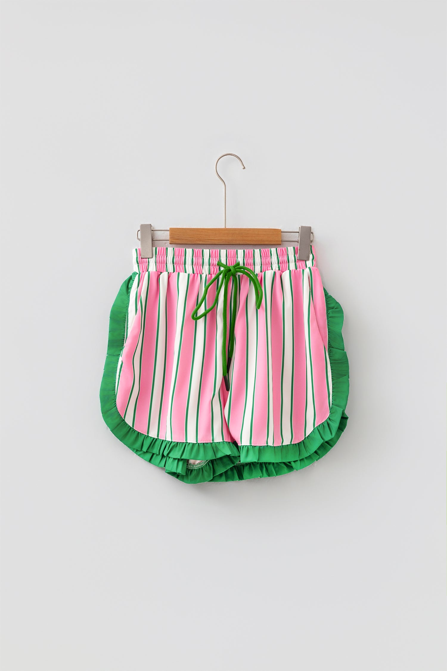 Pink Stripe Contrast Ruffle Trim Shorts