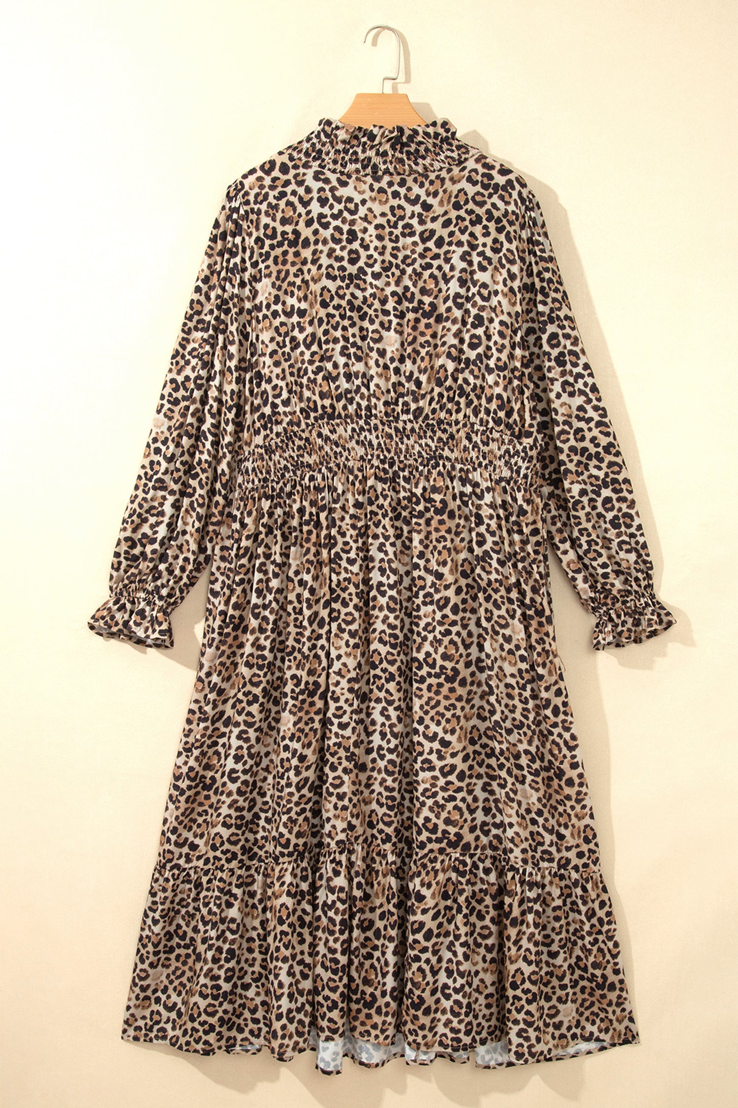 Brown Leopard Print V Neck Long Sleeve Gathered Waist Plus Size Dress