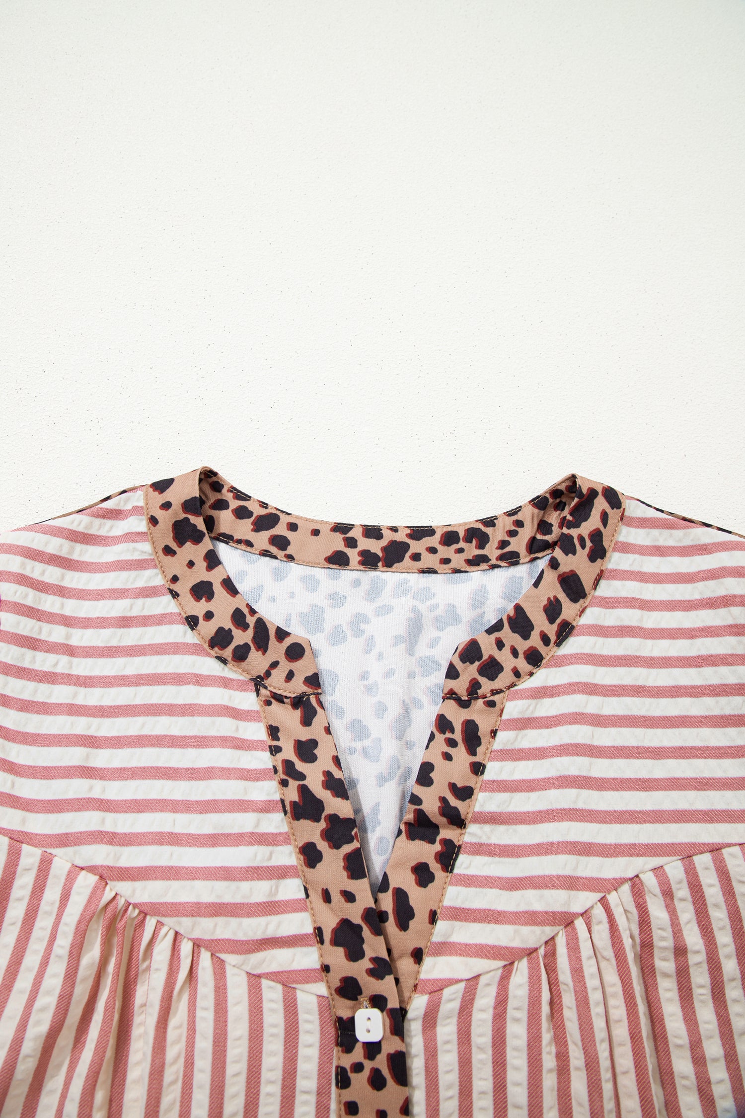 Pink Stripe Square Button Leopard Trim Loose Bracelet Sleeve Shirt Dress