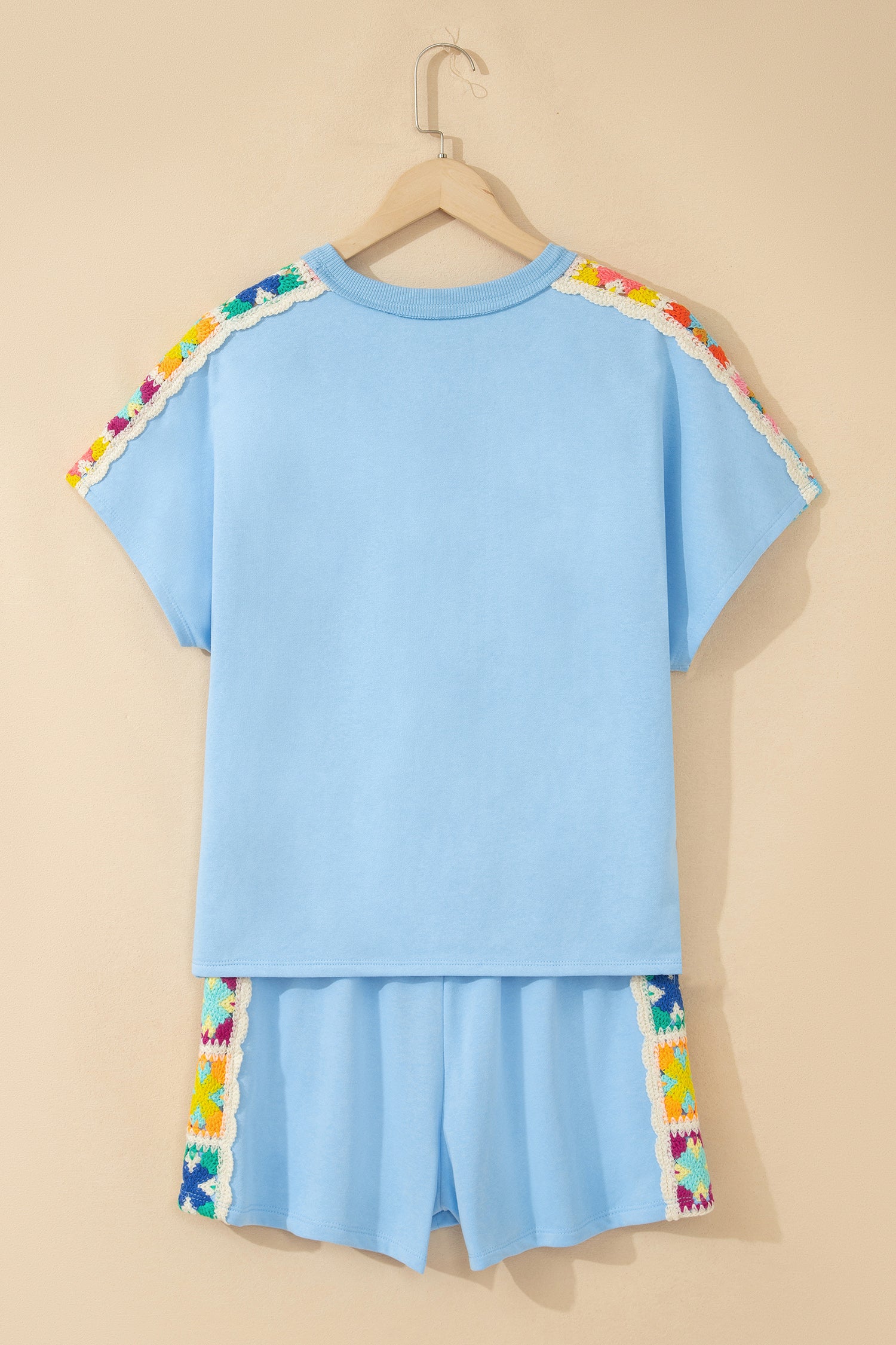 Mist Blue Granny Square Crochet Detail Short 2pcs Set