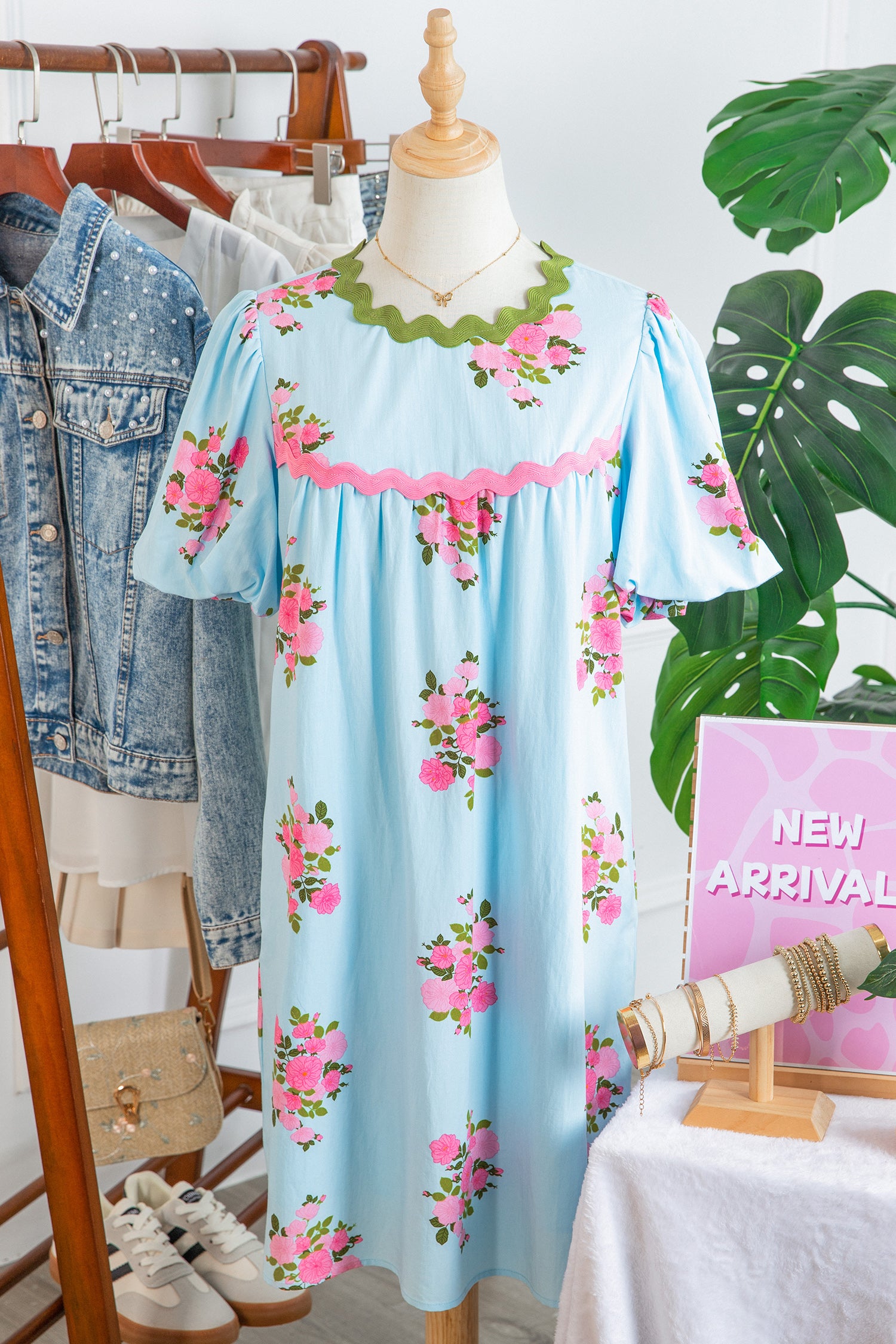 Sky Blue Floral Printed Contrast Ricrac Detail Bubble Sleeve Dress