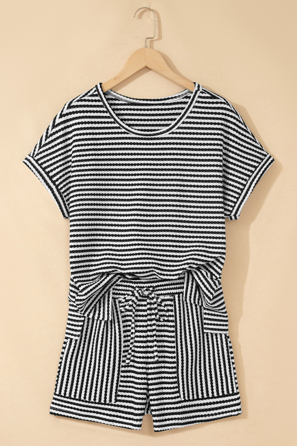 Purple Stripe Breathable Textured Knit Short 2pcs Set