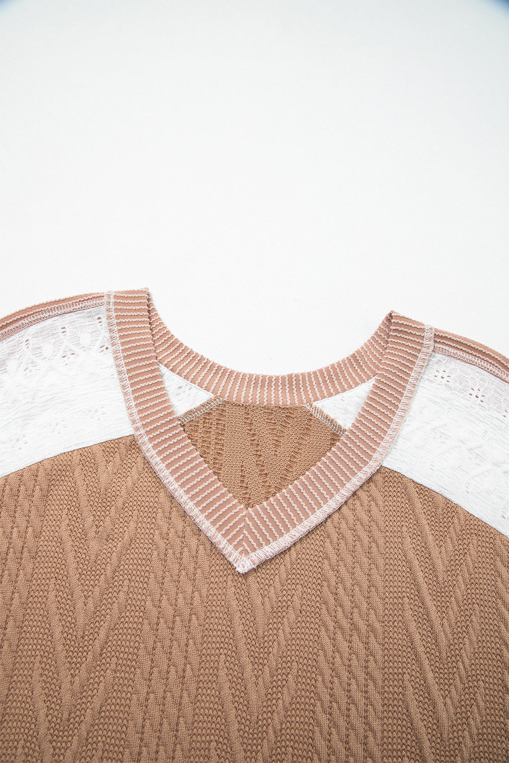 Coffee V Neck Lace Sleeve Patchwork Plus Size Blouse