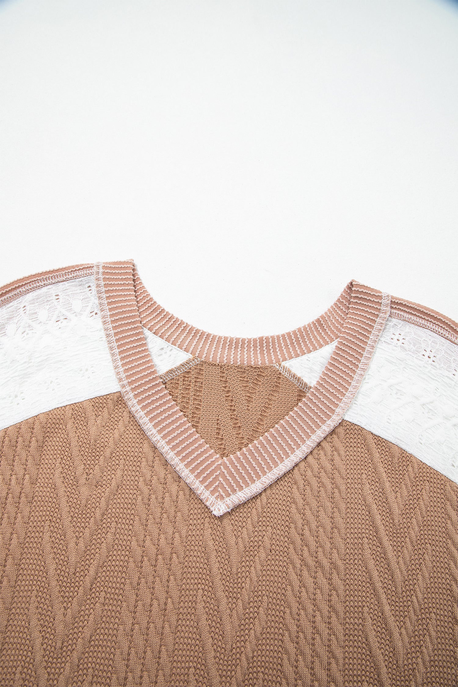 Coffee V Neck Lace Sleeve Patchwork Plus Size Blouse