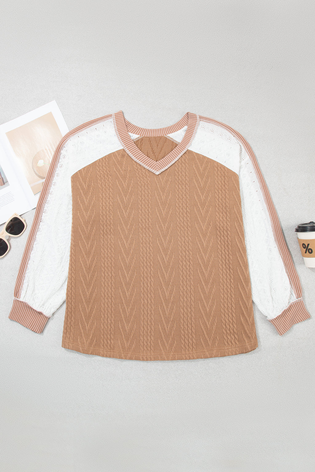 Coffee V Neck Lace Sleeve Patchwork Plus Size Blouse