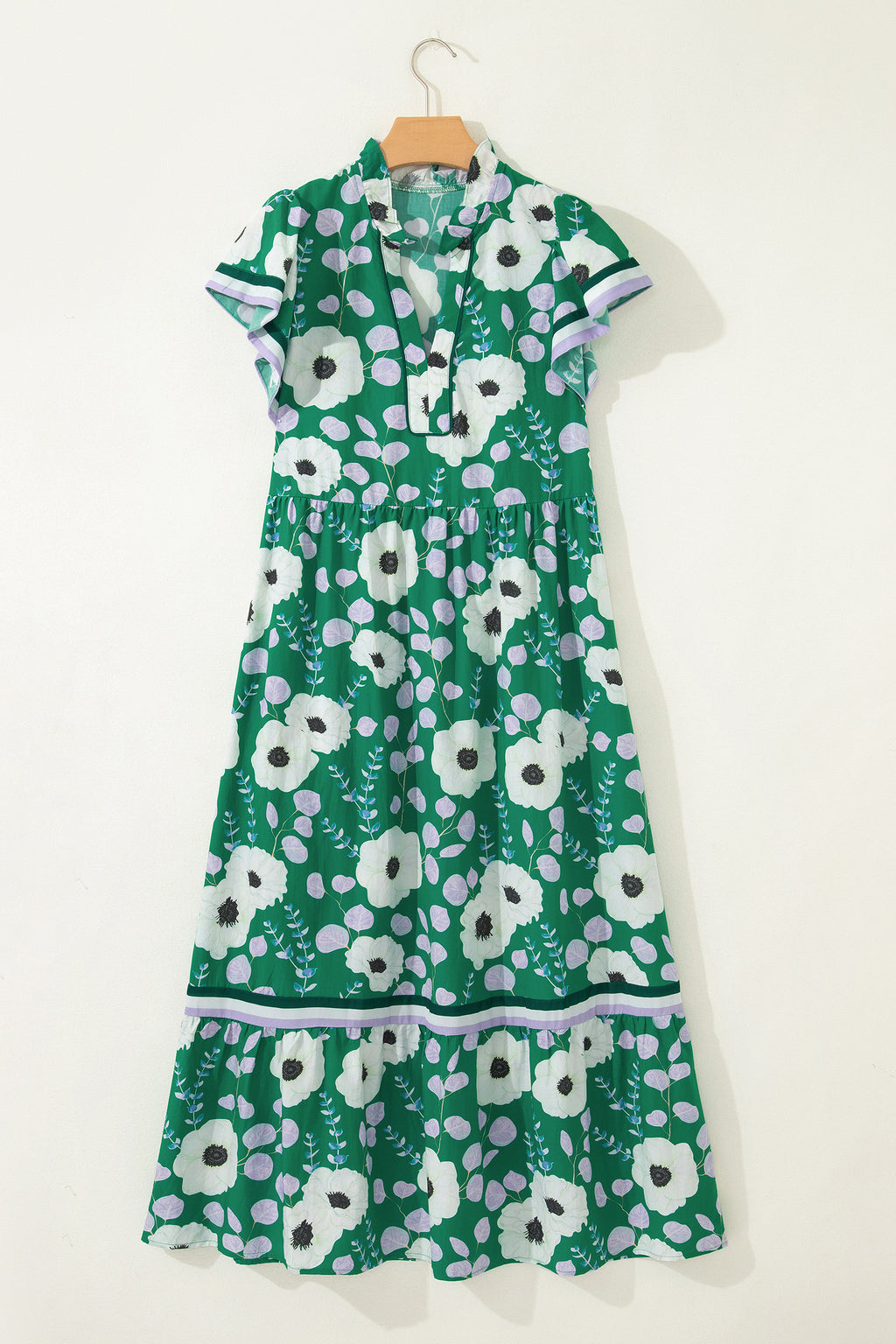 Green V Neck Ruffled Short Sleeve Flower Maxi Dress