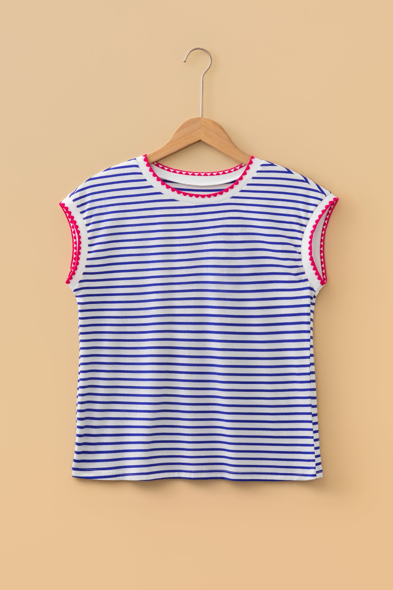 Blue Stripe Contrast Trim Round Neck Cap Sleeve Tee