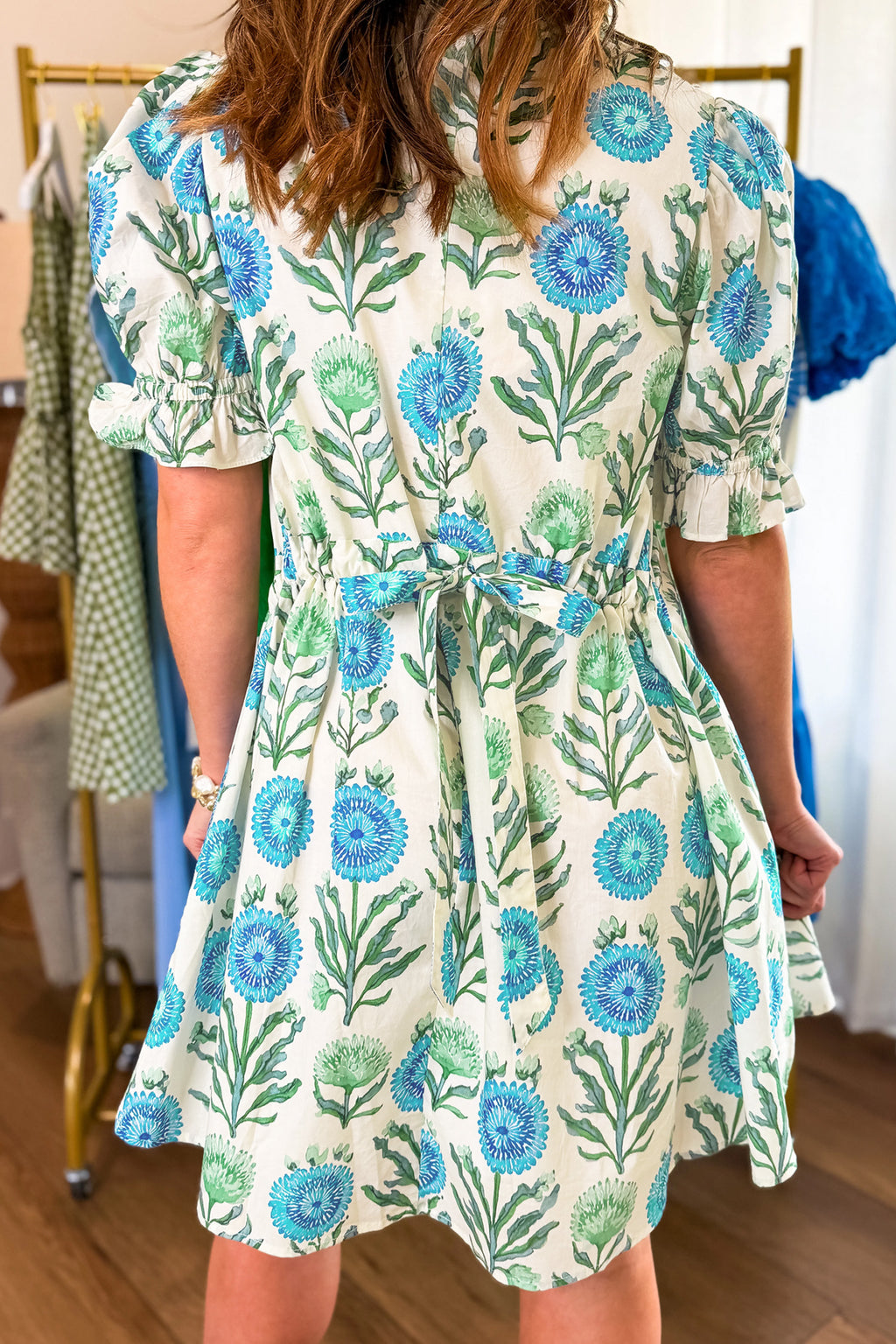 Sky Blue Floral Print Half Button Frilly Short Sleeve Dress