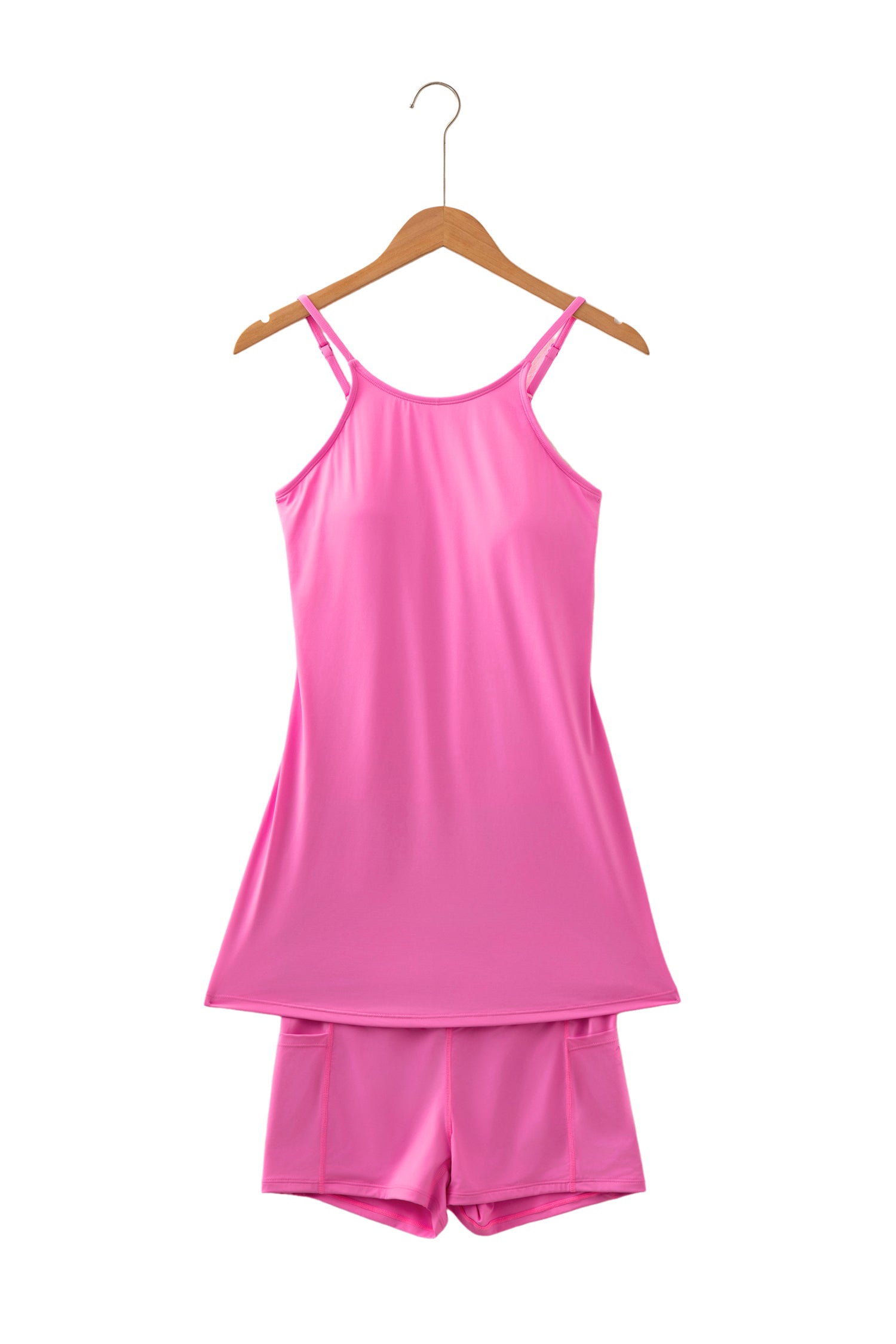 Pink Solid Color Tunic Tank Dress Athletic Shorts Two Piece Set