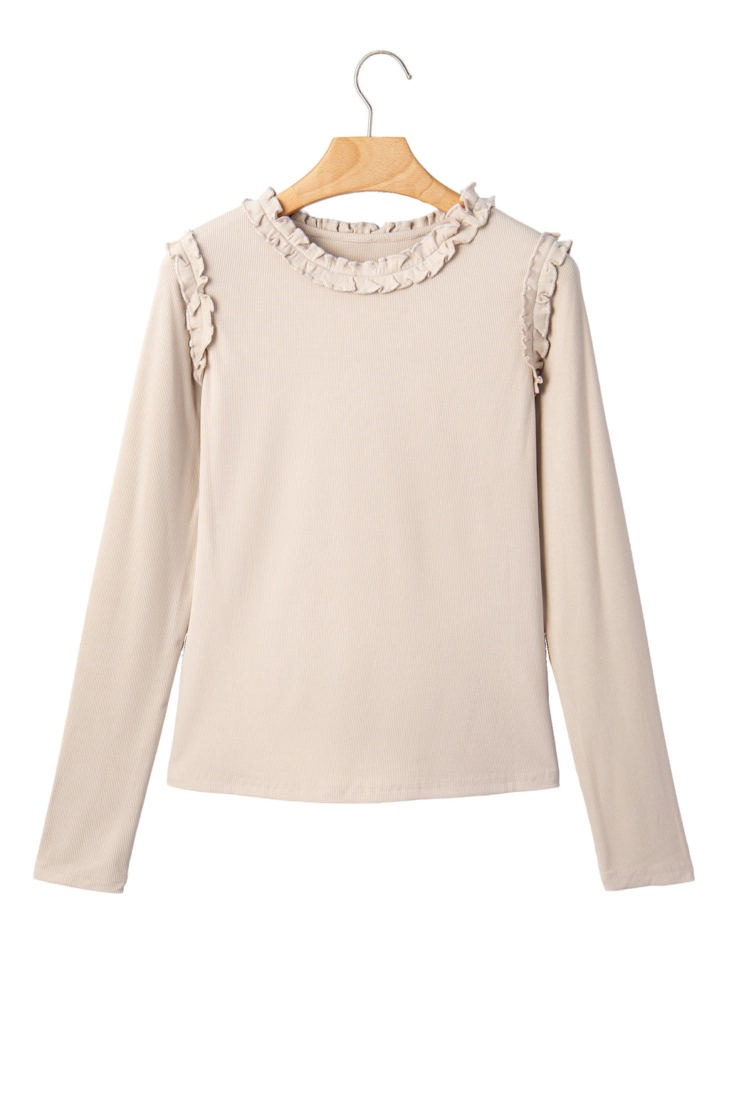 Beige Solid Color Round Neck Frill Detail Long Sleeve Top