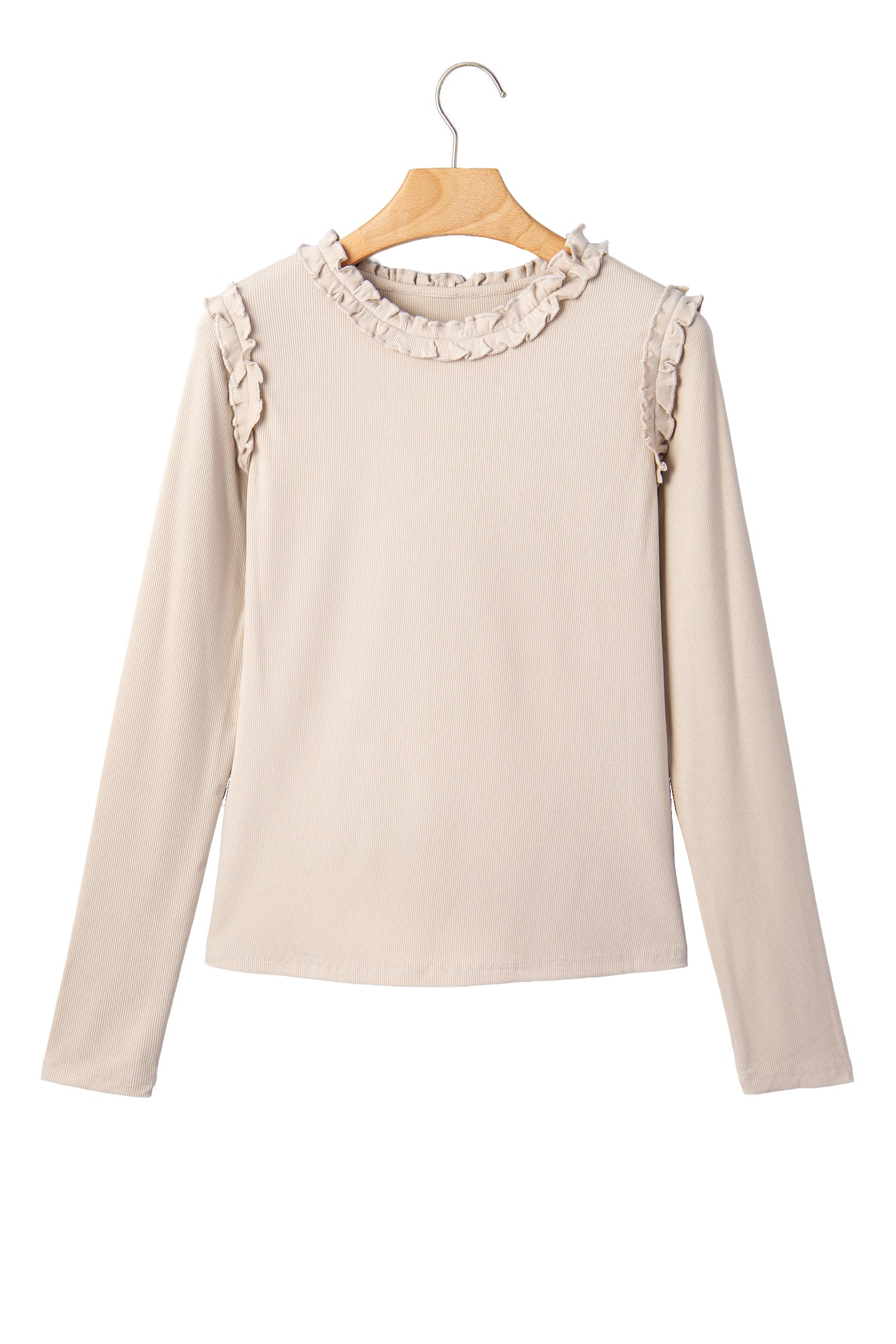 Beige Solid Color Round Neck Frill Detail Long Sleeve Top