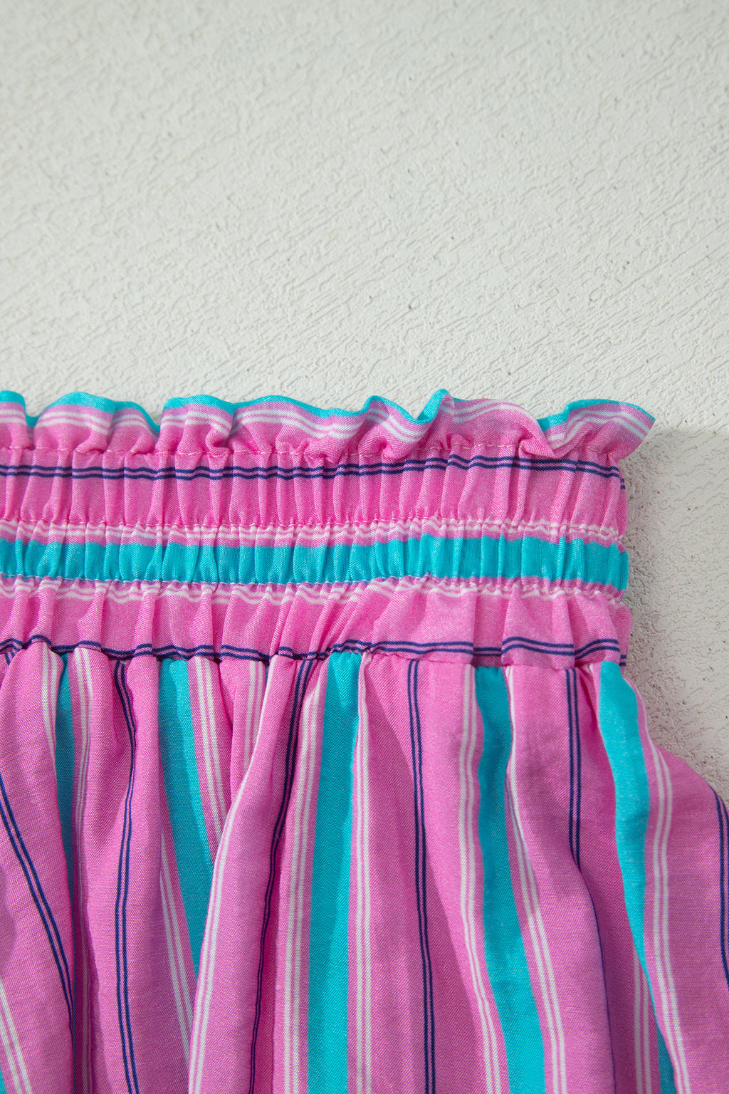 Pink Stripe Dolman Short Sleeve Blouse Drawstring Elastic Waist Loose Short Set