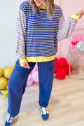 Blue Stripe Contrast Long Sleeve Crew Neck Pullover Top