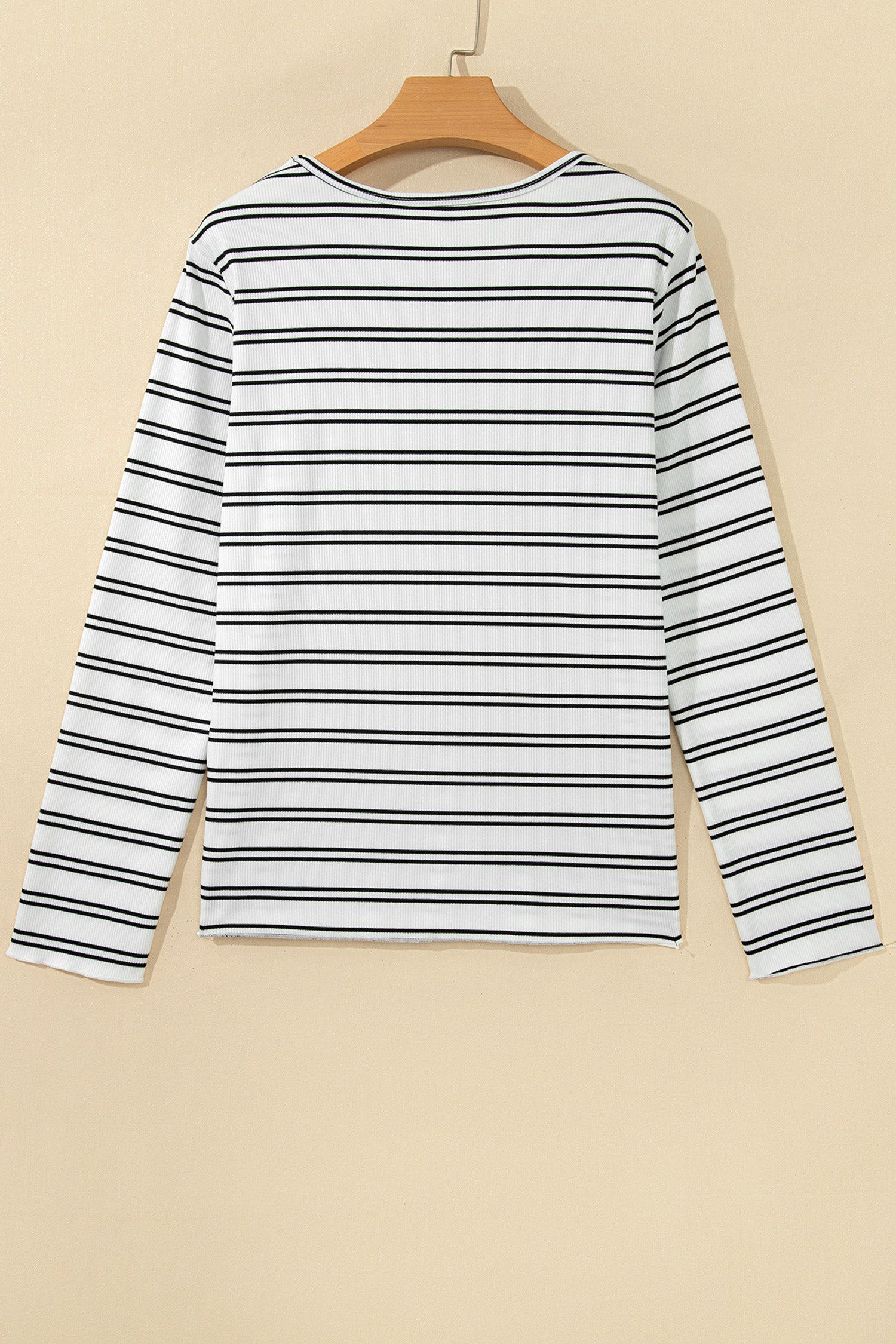 Beige Stripe Ribbed Knit Round Neck Long Sleeve Top
