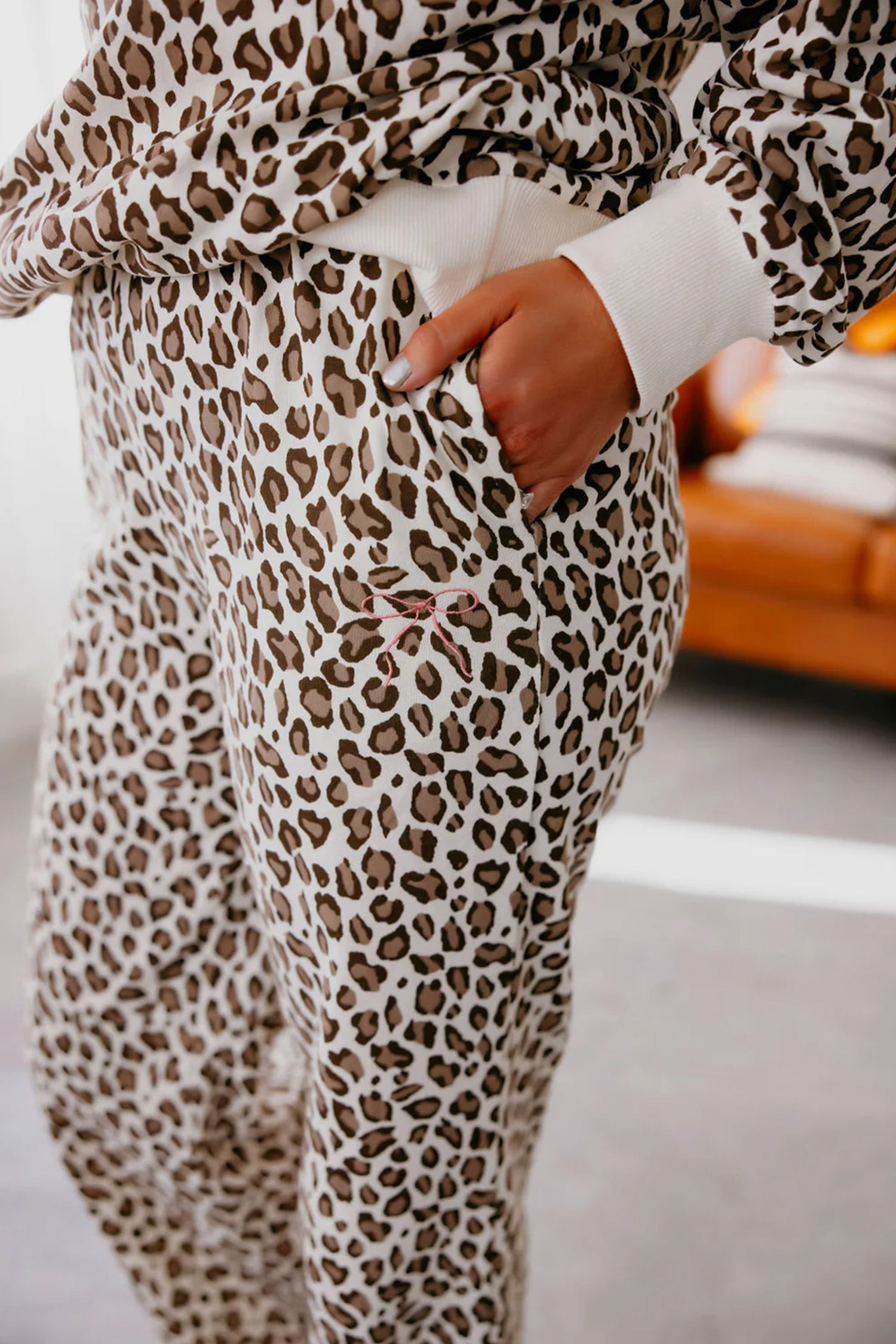 Khaki Leopard Print Embroidery Colorblock Details Pant Set