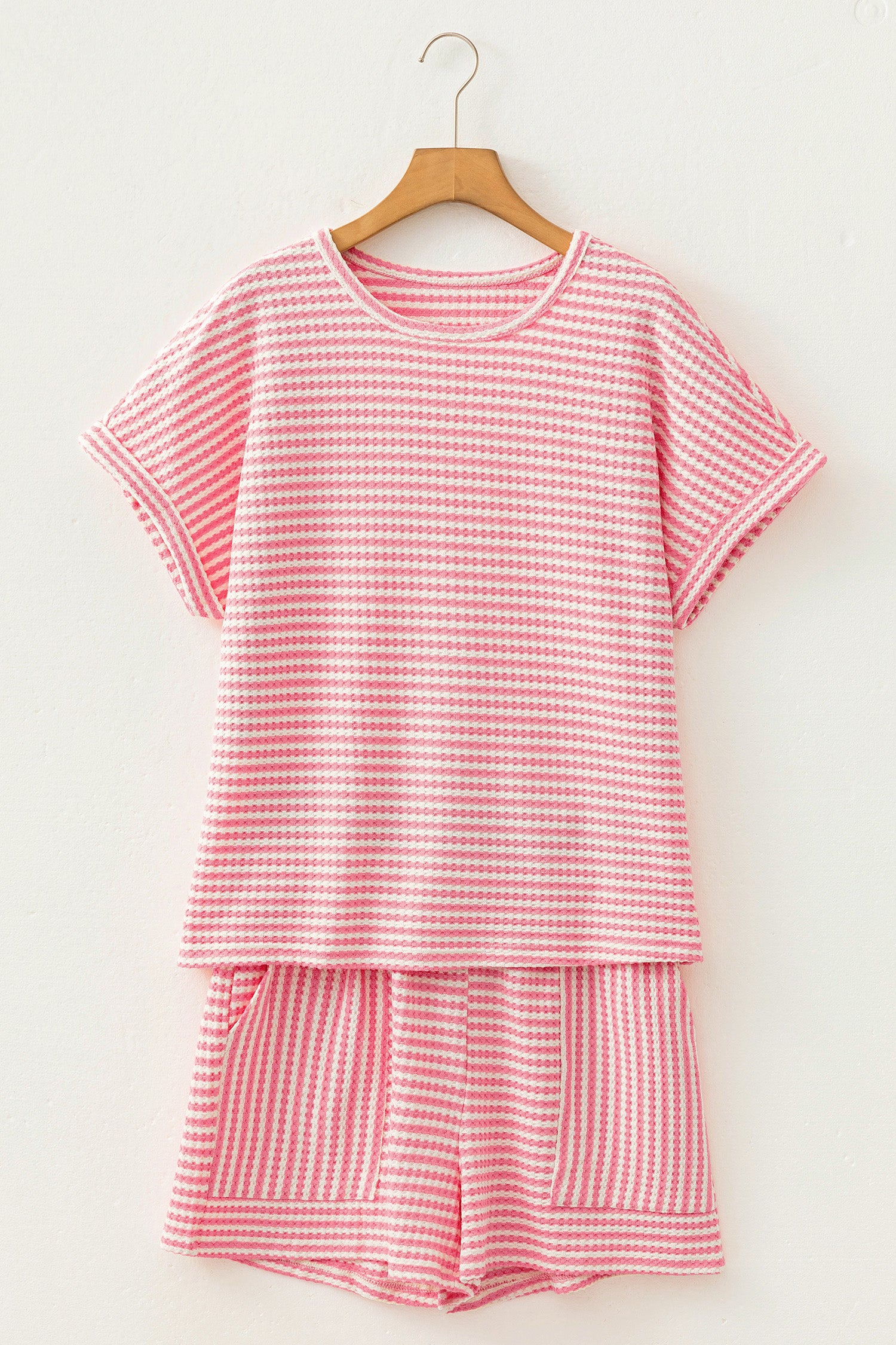 Purple Stripe Breathable Textured Knit Short 2pcs Set