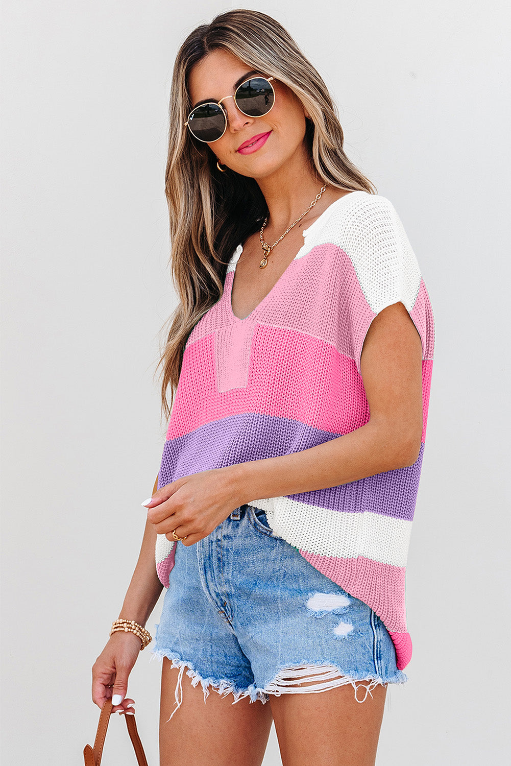 Soft Pink Color V Neck Sweater Shirt