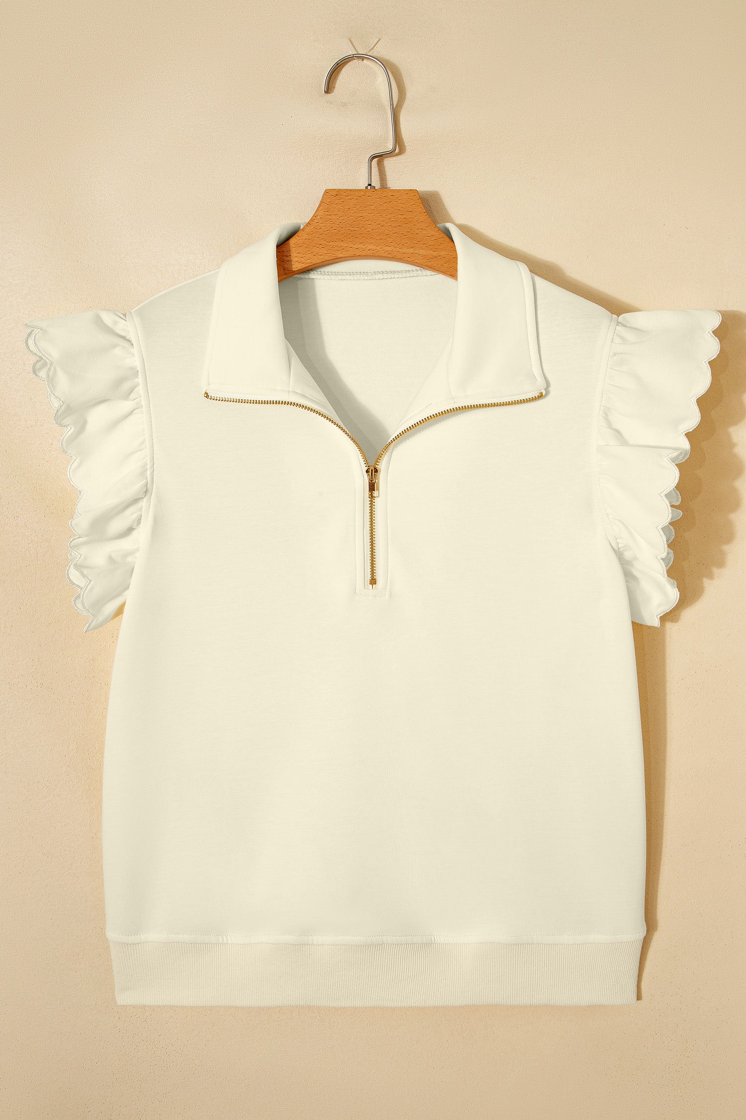 Beige Collared Ruffled Short Sleeve Blouse