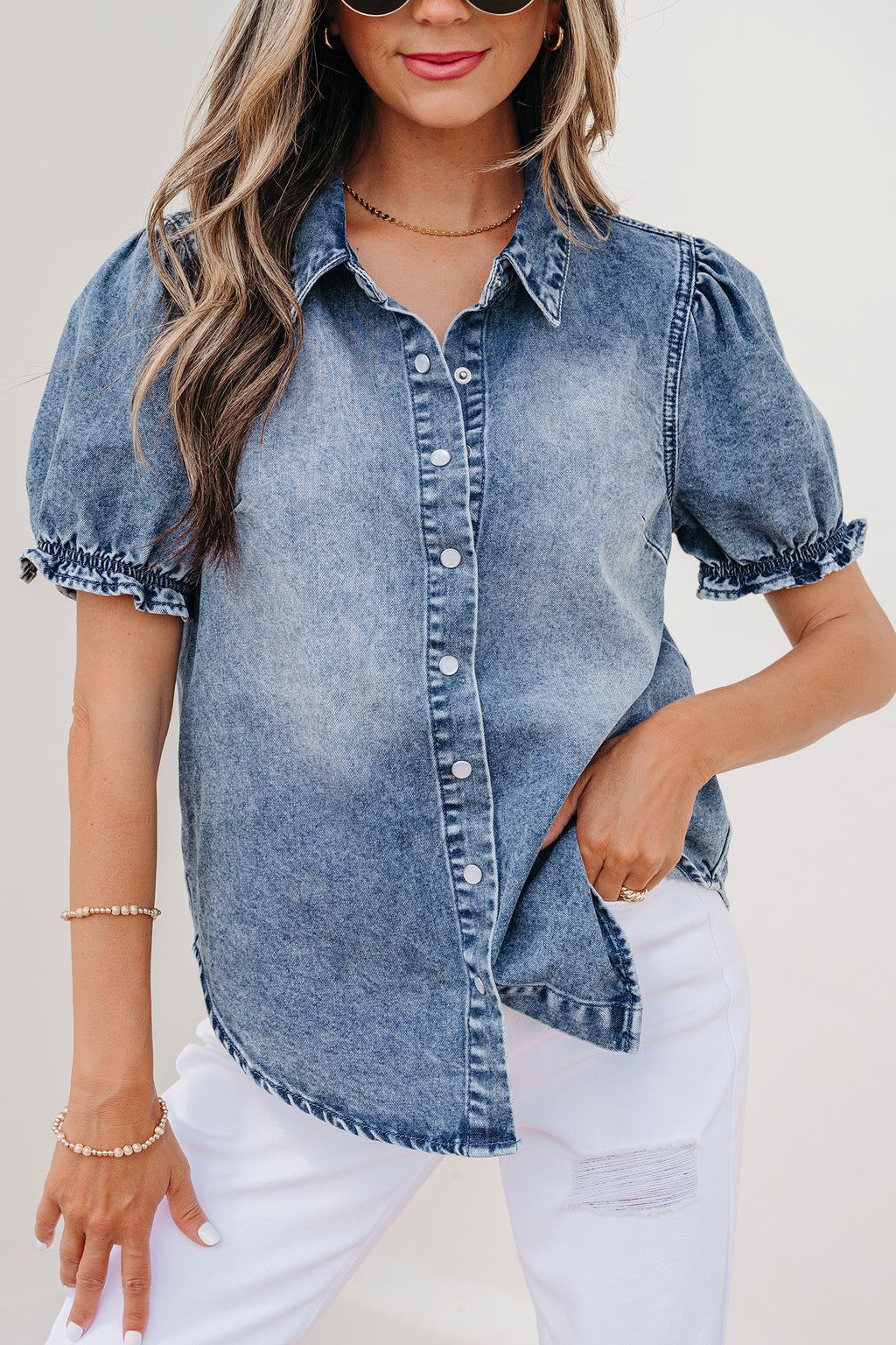 Frilled Short Sleeve Denim Shirt