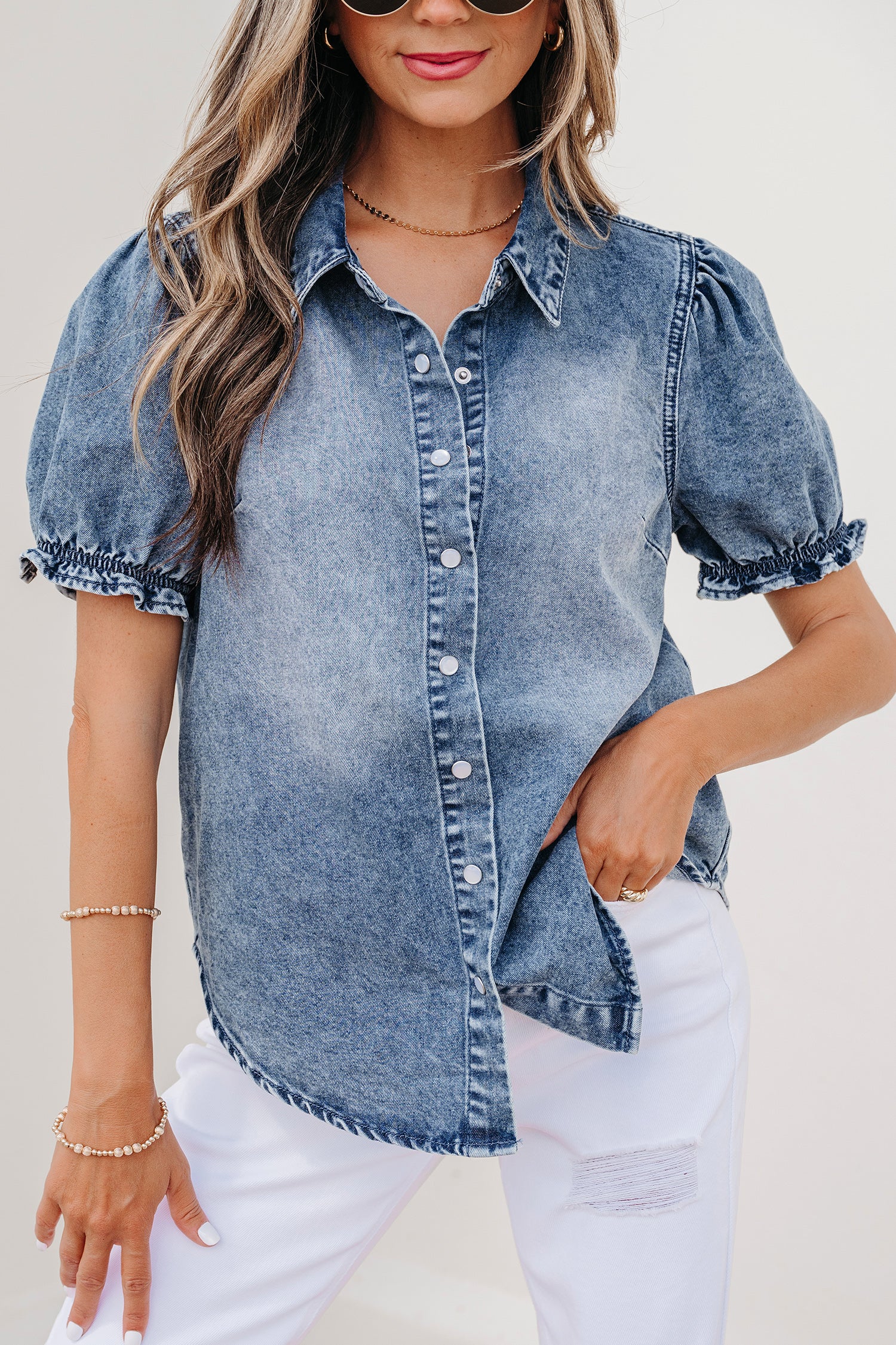 Frilled Short Sleeve Denim Shirt