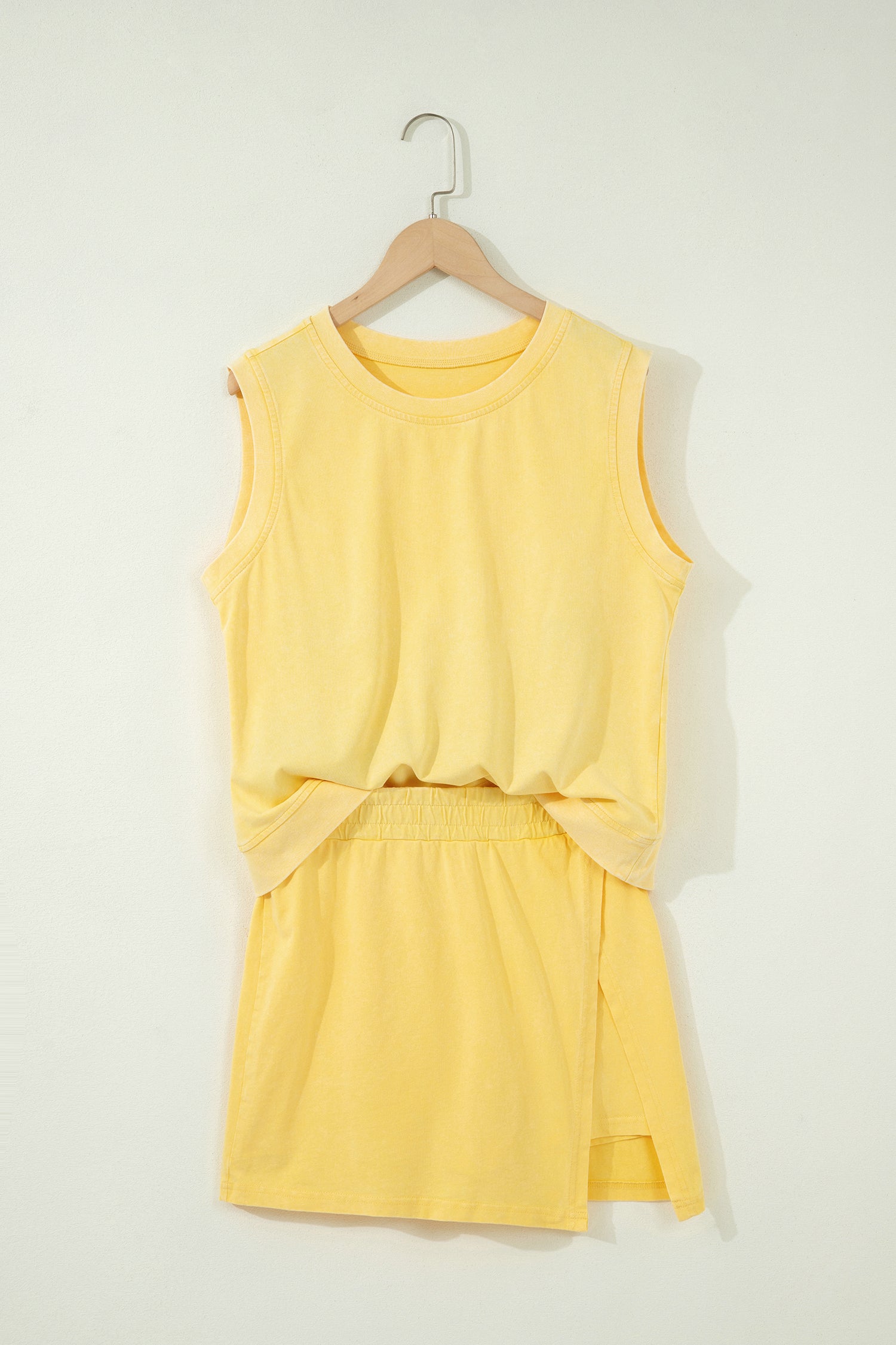 Mint Green 2 Pieces Mineral Wash Cotton Tank Top Lined Split Skort Set