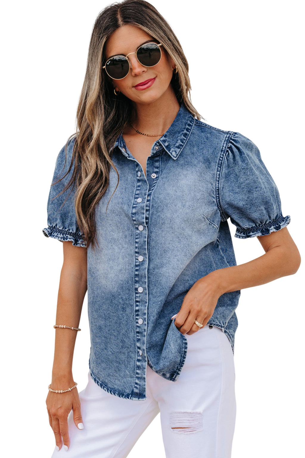 Frilled Short Sleeve Denim Shirt