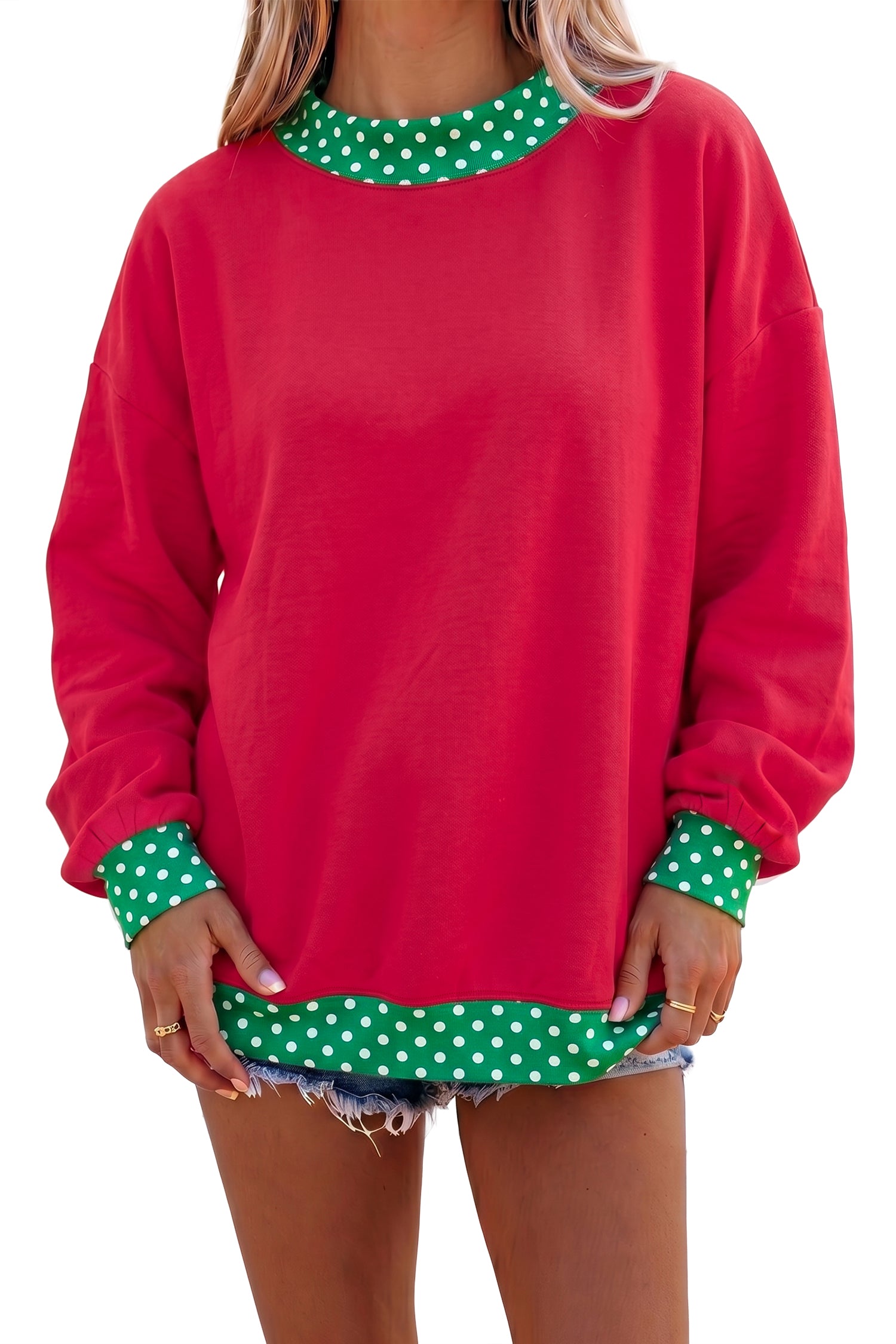 Orange Colorblock Polka Dot Contrast Trim Oversized Sweatshirt