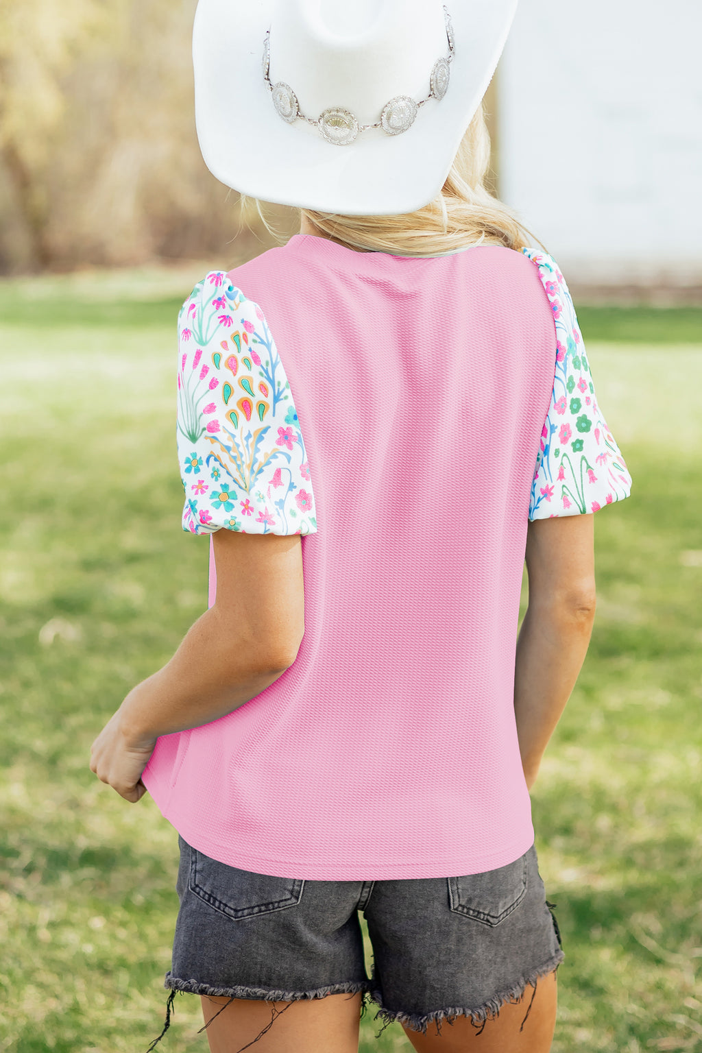 Pink Round Neck Floral Blouse