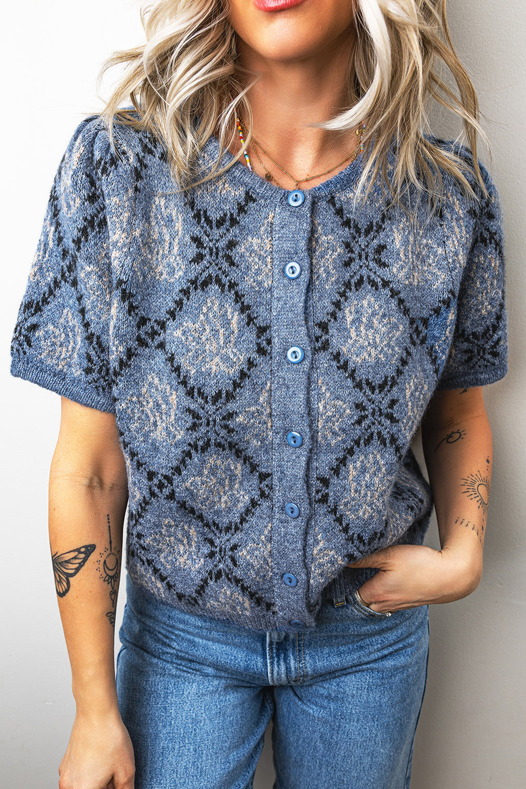 Dark Blue Short Sleeve Button Front Boho Knit Top Cardigan