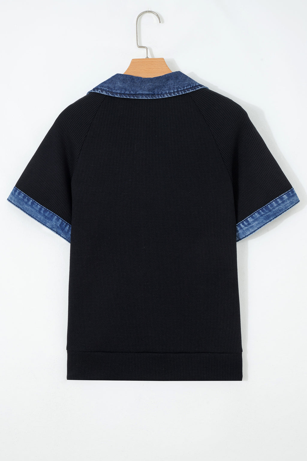 Waffle Knit Denim Polo Collar Top