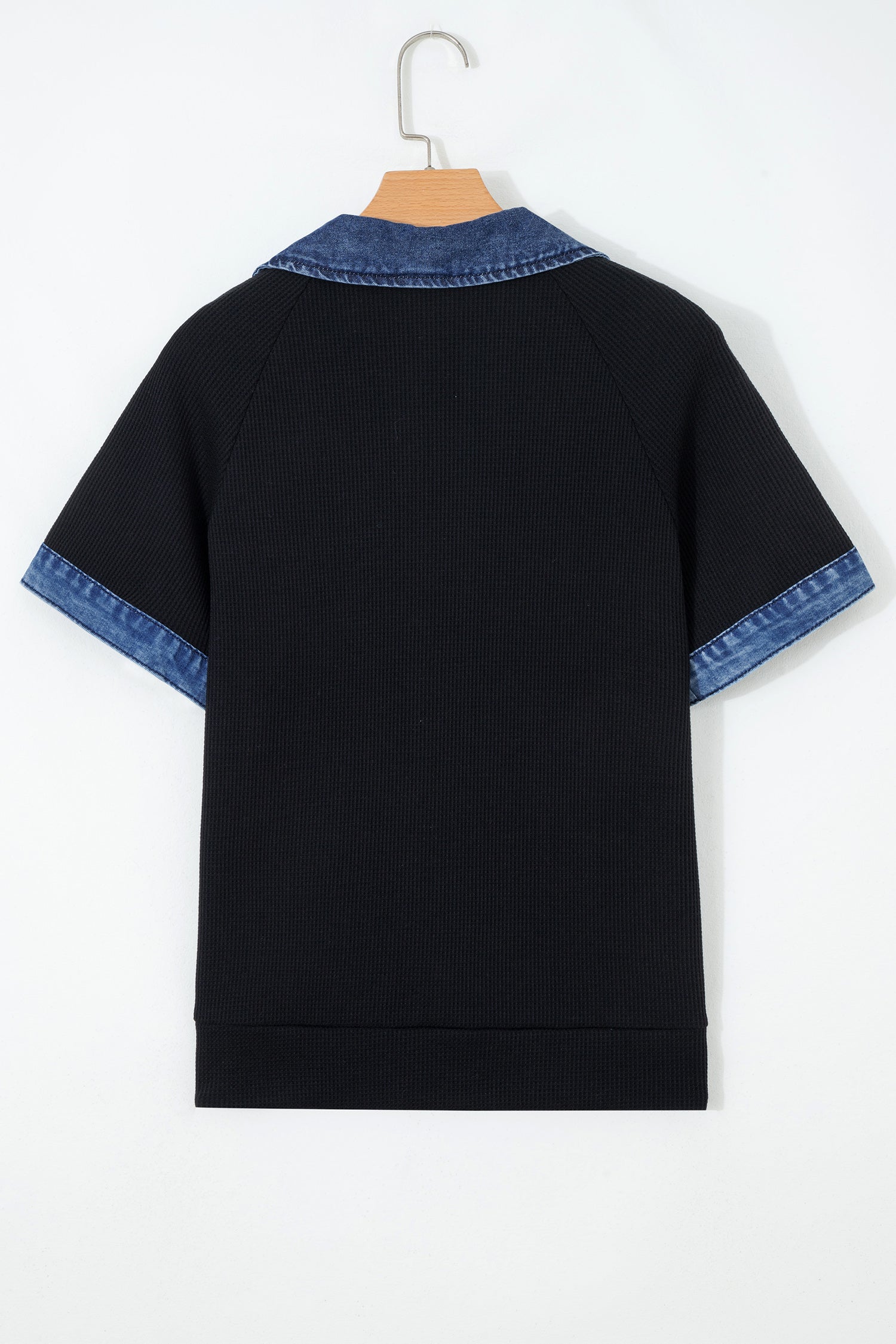 Waffle Knit Denim Polo Collar Top