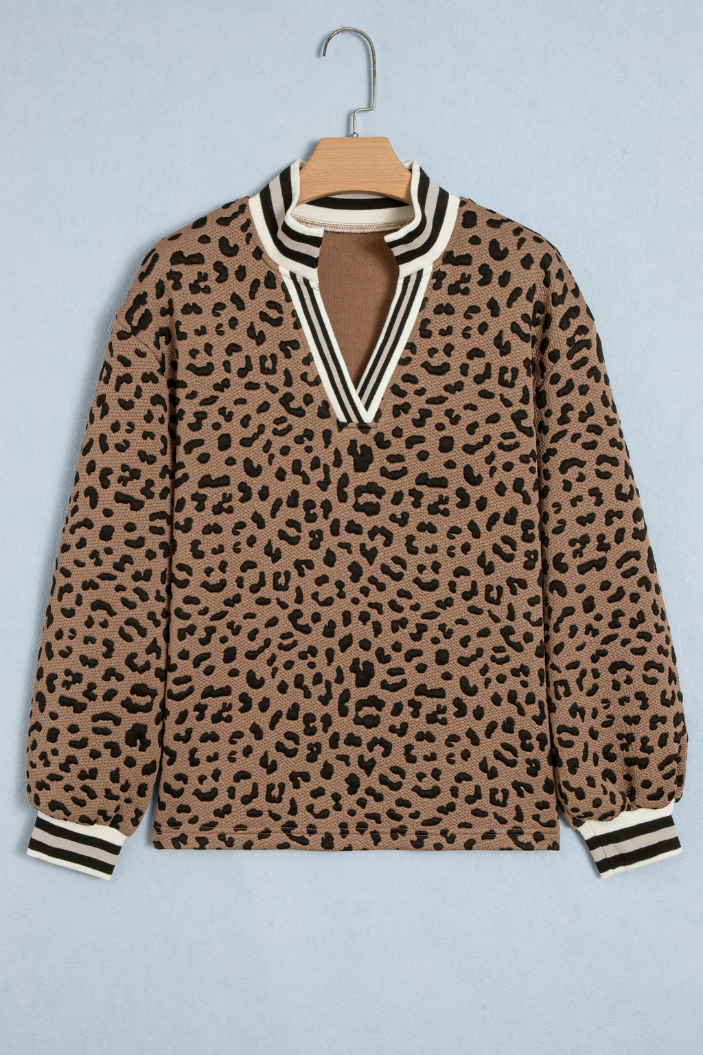 Brown Leopard Print Striped Trim Collar Long Sleeve Shift Pullover