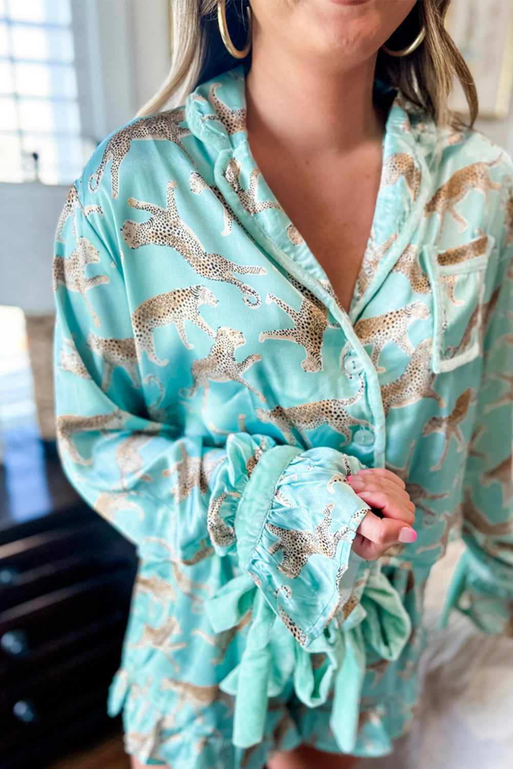 Mint Leopard Satin PJ Set
