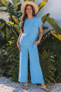 Knit Short Sleeve Shirt and Wide Leg Pant Set