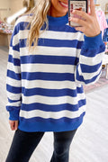 Blue Stripe Colorblock Mock Neck Relaxed Sweatshirt