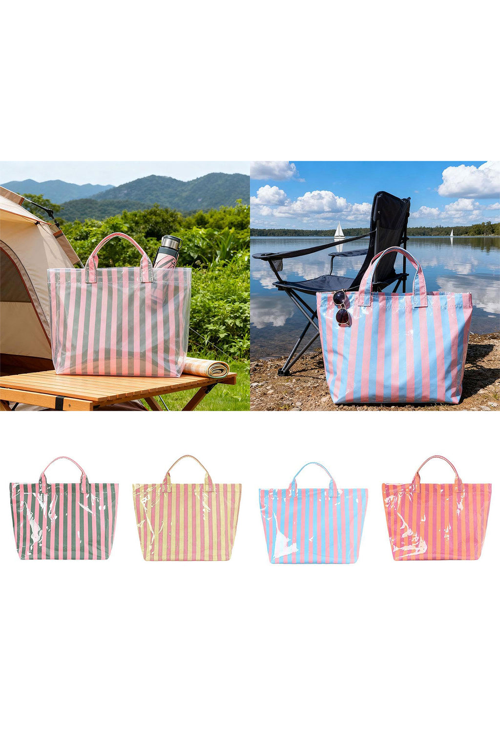 Pink Glossy Striped Vinyl Large Tote Bag